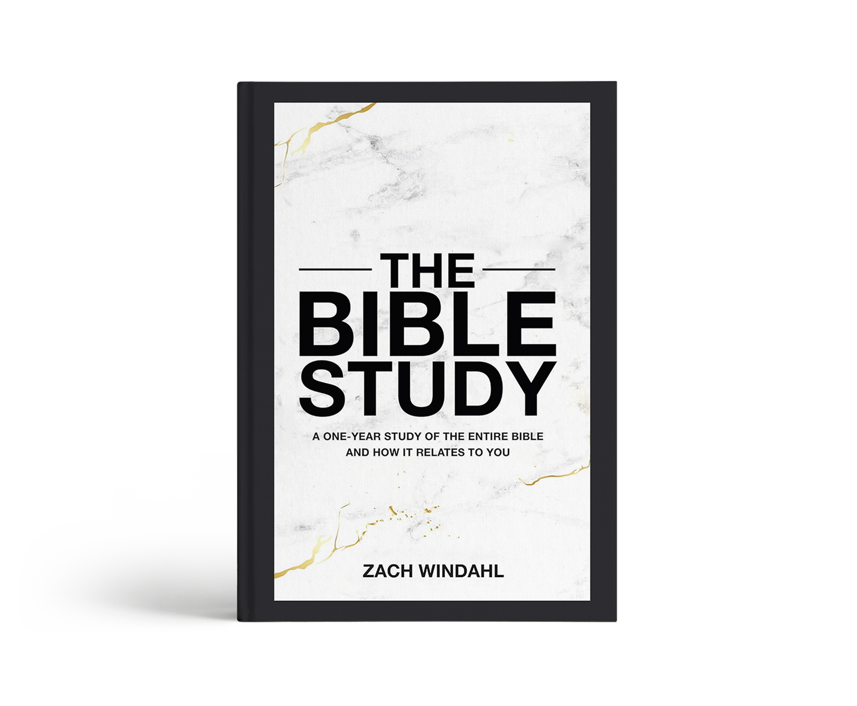 Cover of the book titled 'The Bible Study' by Zach Windahl, with a marble background and gold accents.