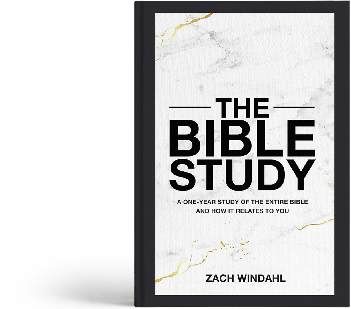 The Bible Study book cover with a white marble background and gold streaks, featuring the title in bold black text and the author's name, Zach Windahl, at the bottom.