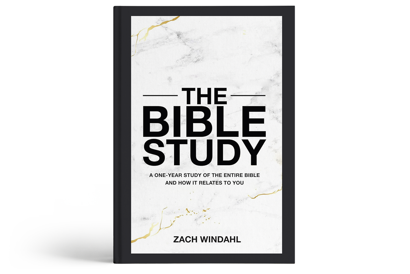 Cover of a book titled "The Bible Study" by Zach Windahl, with a white and gray marble background and gold accents.