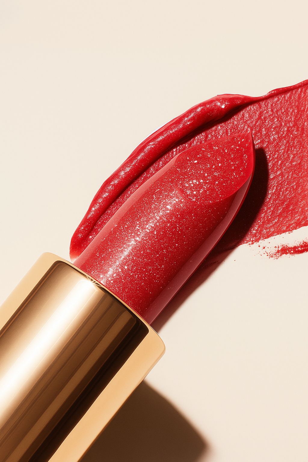 Close-up of red lipstick with powdery pigment swatched behind it.