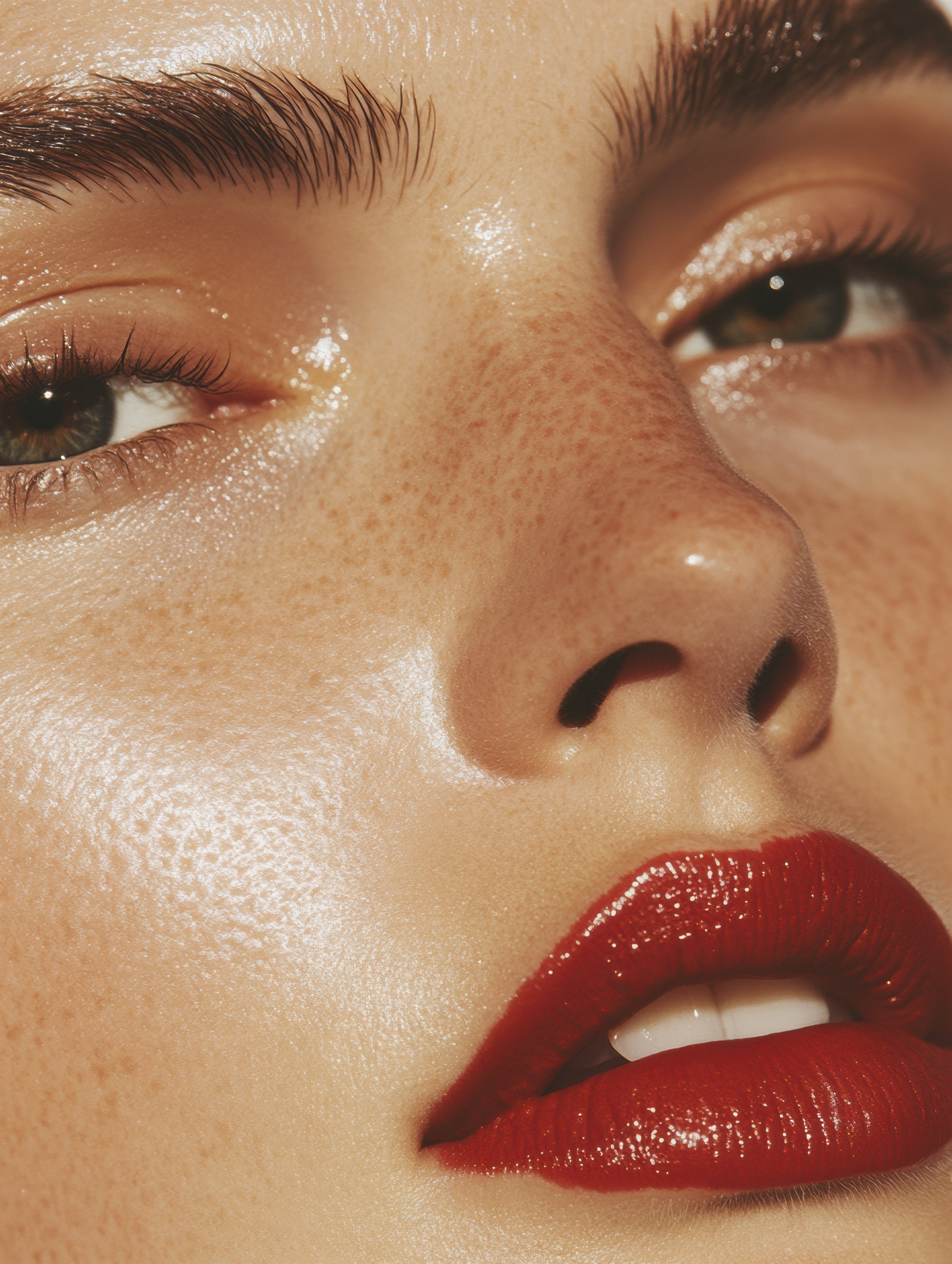 Close-up of a woman's face, showing her eye, nose, and lips. She has glossy red lipstick, luminous skin, and freckles near her nose.