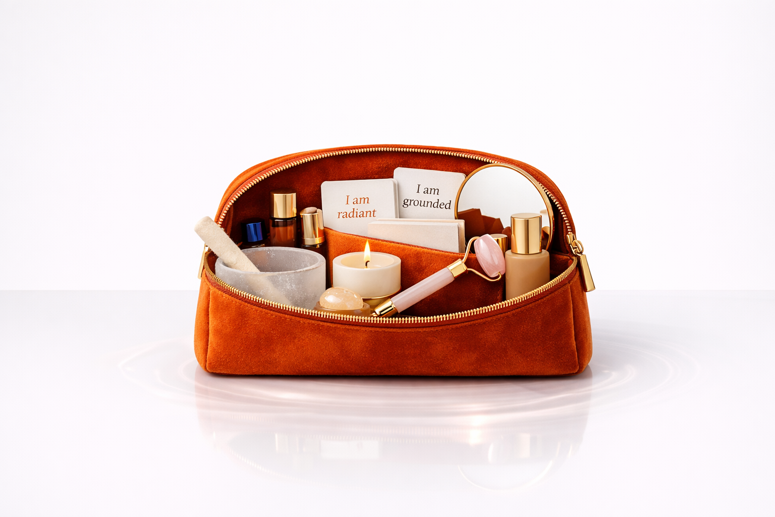 Open orange velvet makeup bag with beauty and wellness items, including a candle, roller, skincare bottles, a mirror, and affirmation cards.