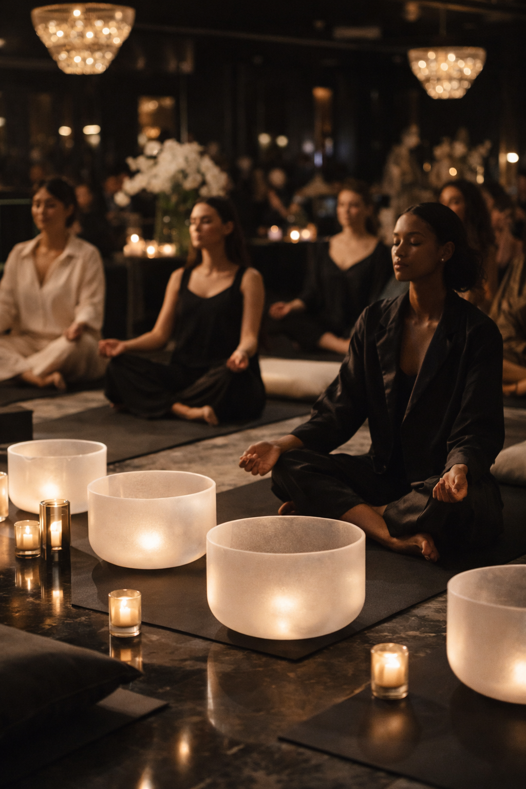 People meditating in a dimly lit room with candles and large singing bowls.