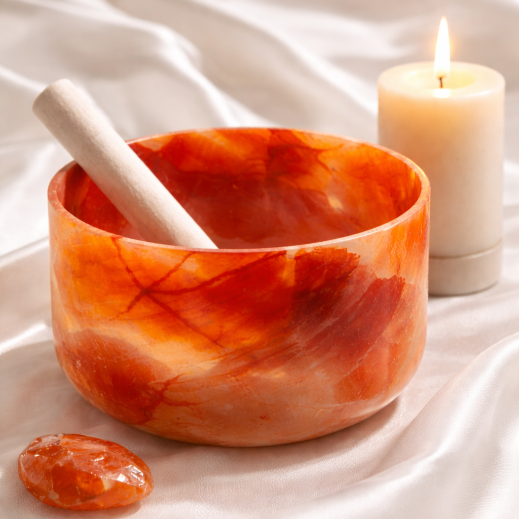 A Himalayan salt singing bowl with a wooden striker inside, a white candle, and a small salt stone on a silky white surface.