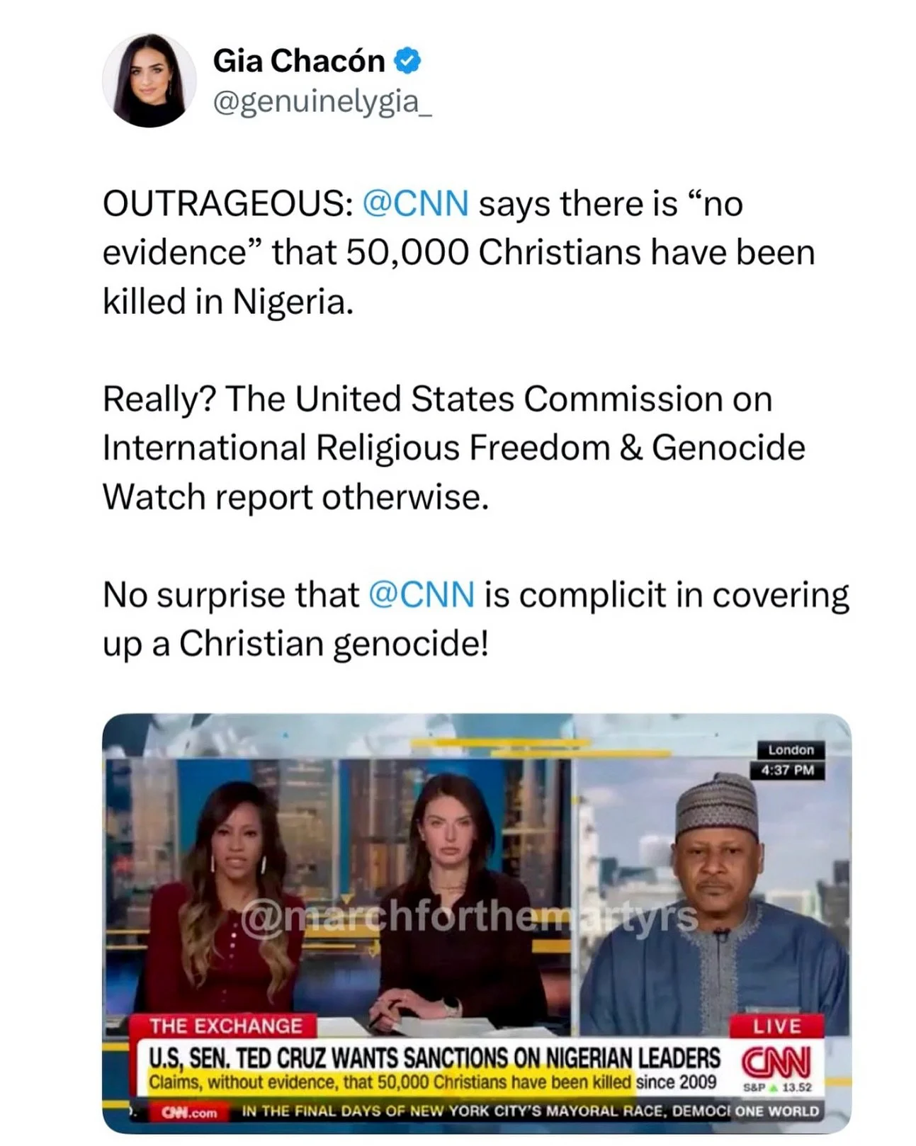 Today, @CNN interviewed Nigerian Information Minister, Mohammed Idris, who denied the genocide of Christians in the country. On top of the Nigerian Government being complicit in the coverup and continuation of the genocide&mdash; CNN&rsquo;s banner d