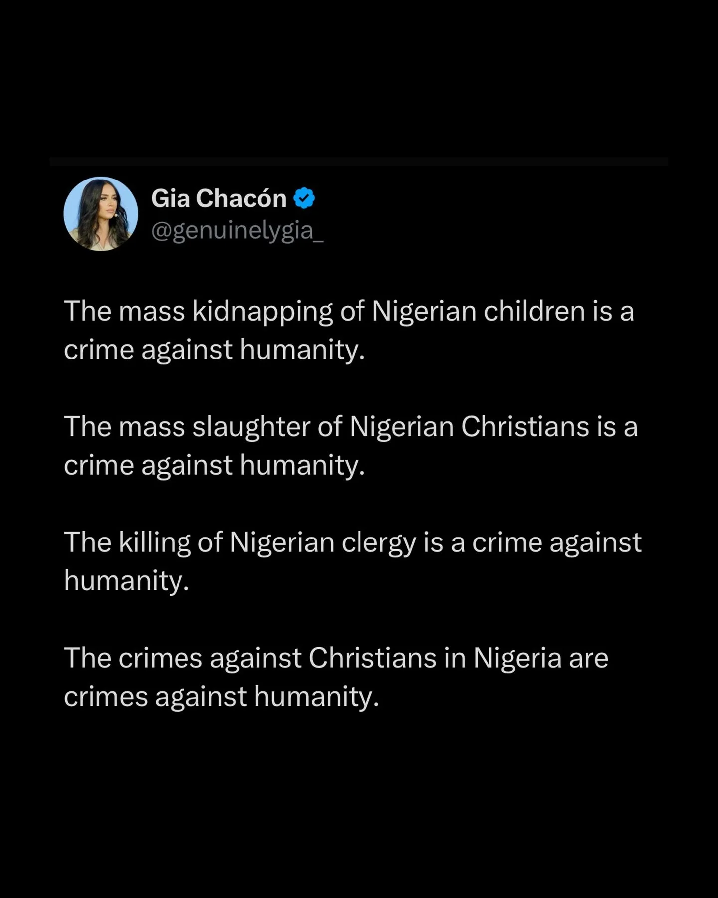 The crimes against Christians in Nigeria are crimes against humanity. 

8000 Christians have been killed this year. Over 300 young Christians were kidnapped (the second mass kidnapping in one week). 19,000 churches have been burned since 2009. 

Toda