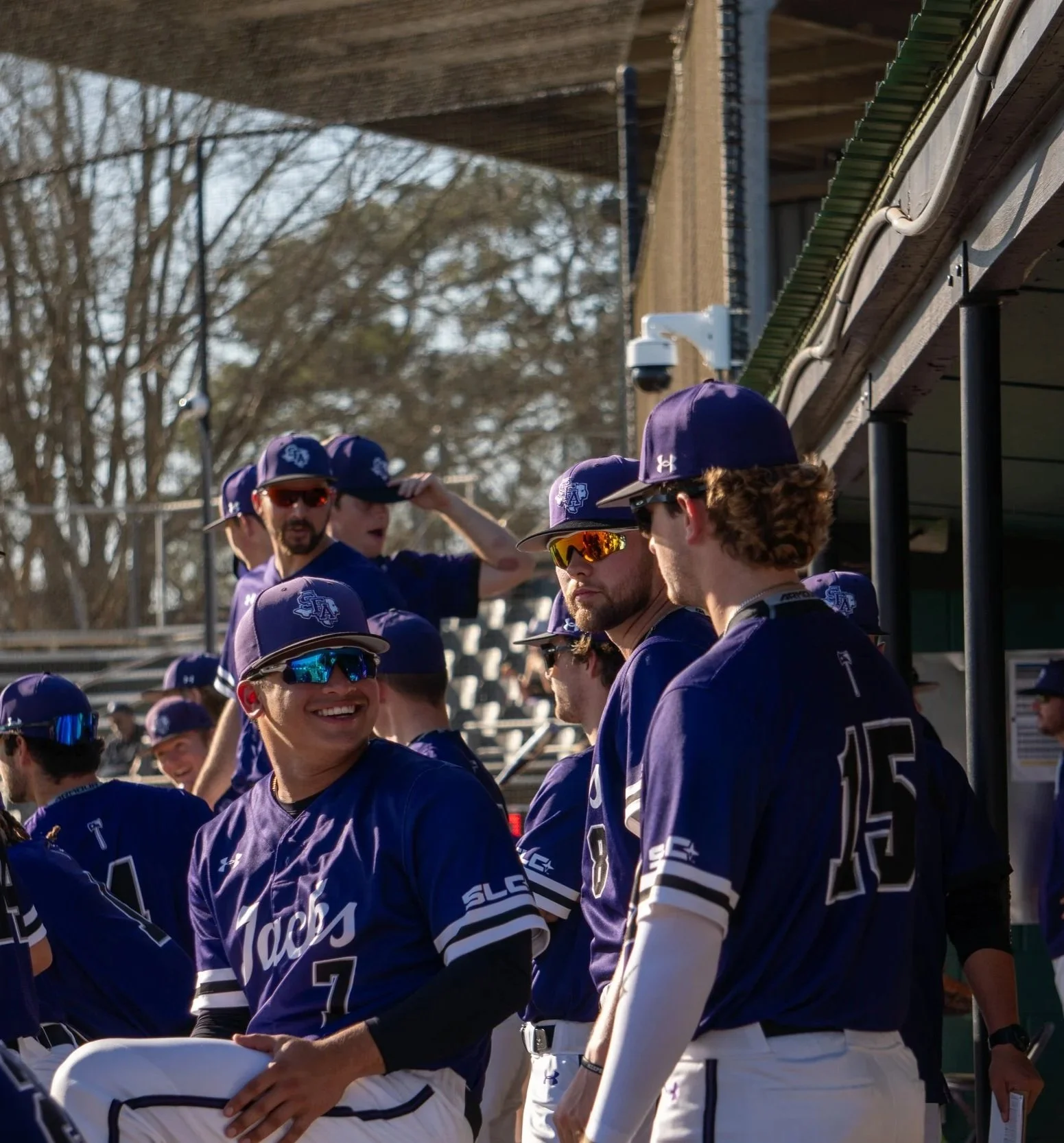 Baseball players in purple uniforms and caps, some wearing reflective sunglasses, gathered in a dugout at a baseball field.
