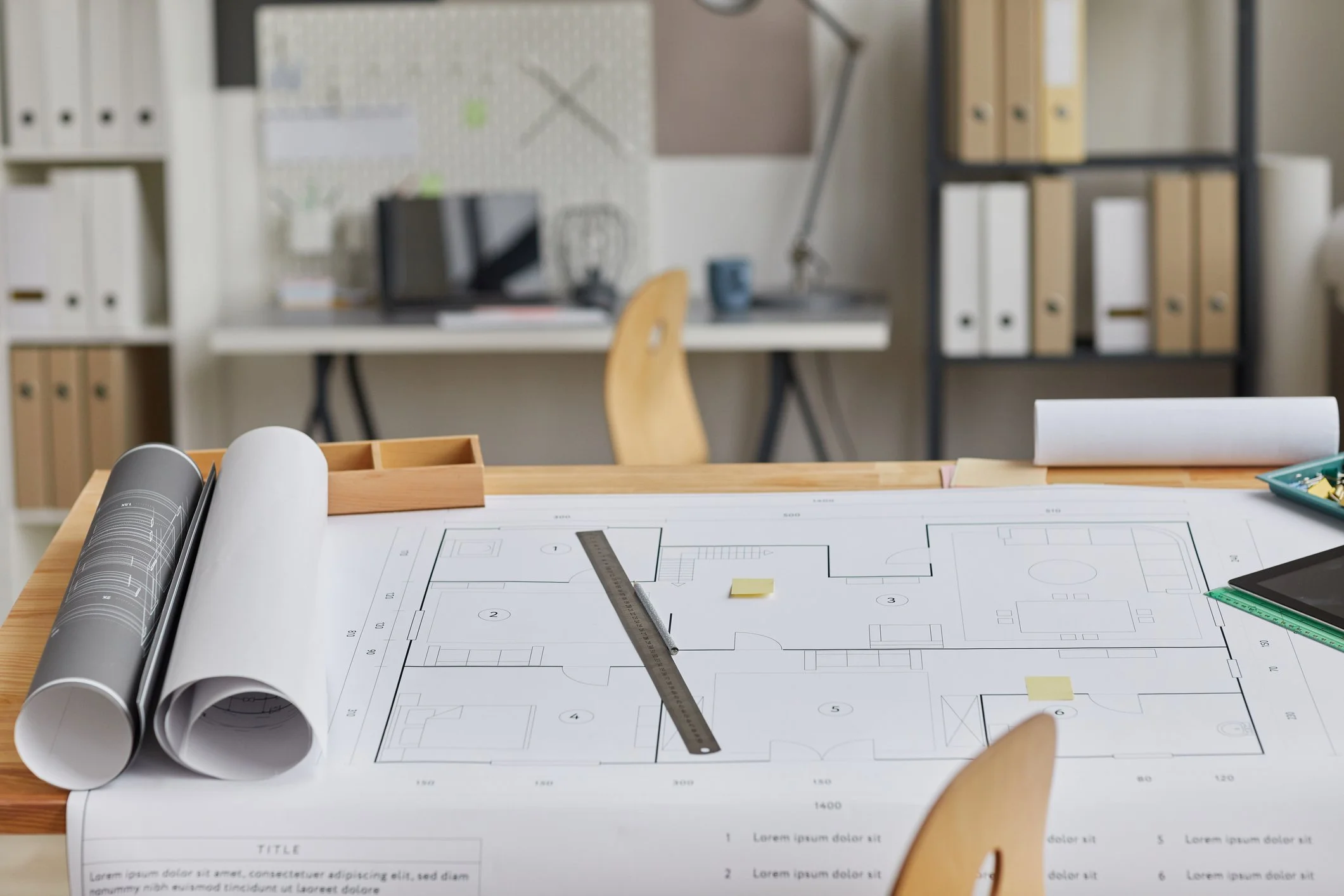 Architectural blueprint on a wooden table, with rolled-up plans, a ruler, sticky notes, and a tablet, in an office setting.