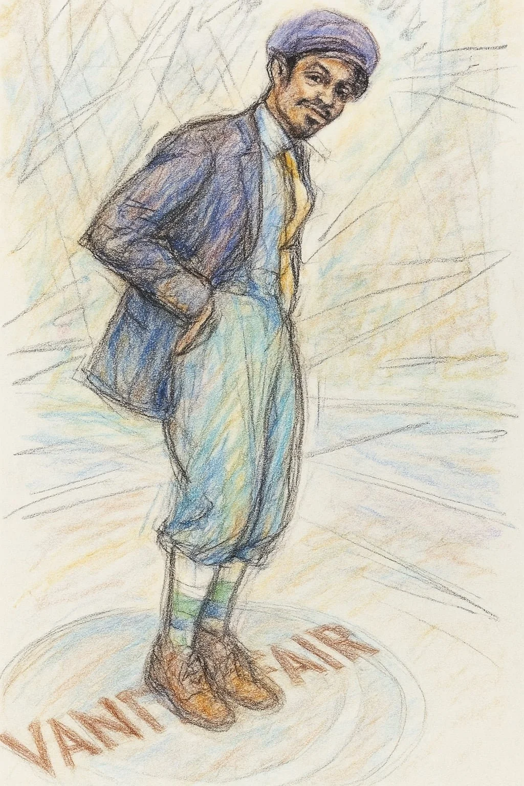 Pastel illustration of André 3000 in a cap, suit jacket and loose trousers