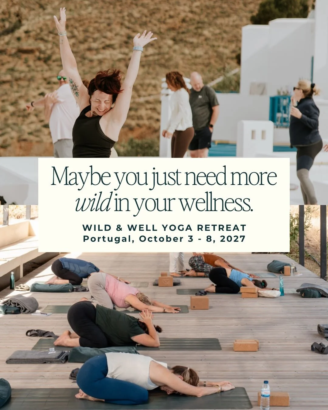 Your calendar runs your days. Even your self-care has a time slot.

Wild &amp; Well is six days in the Portuguese countryside with a different rhythm.

Daily yoga, meditation and sound healing, plus cliffside cycling, boat days in the Arr&aacute;bida