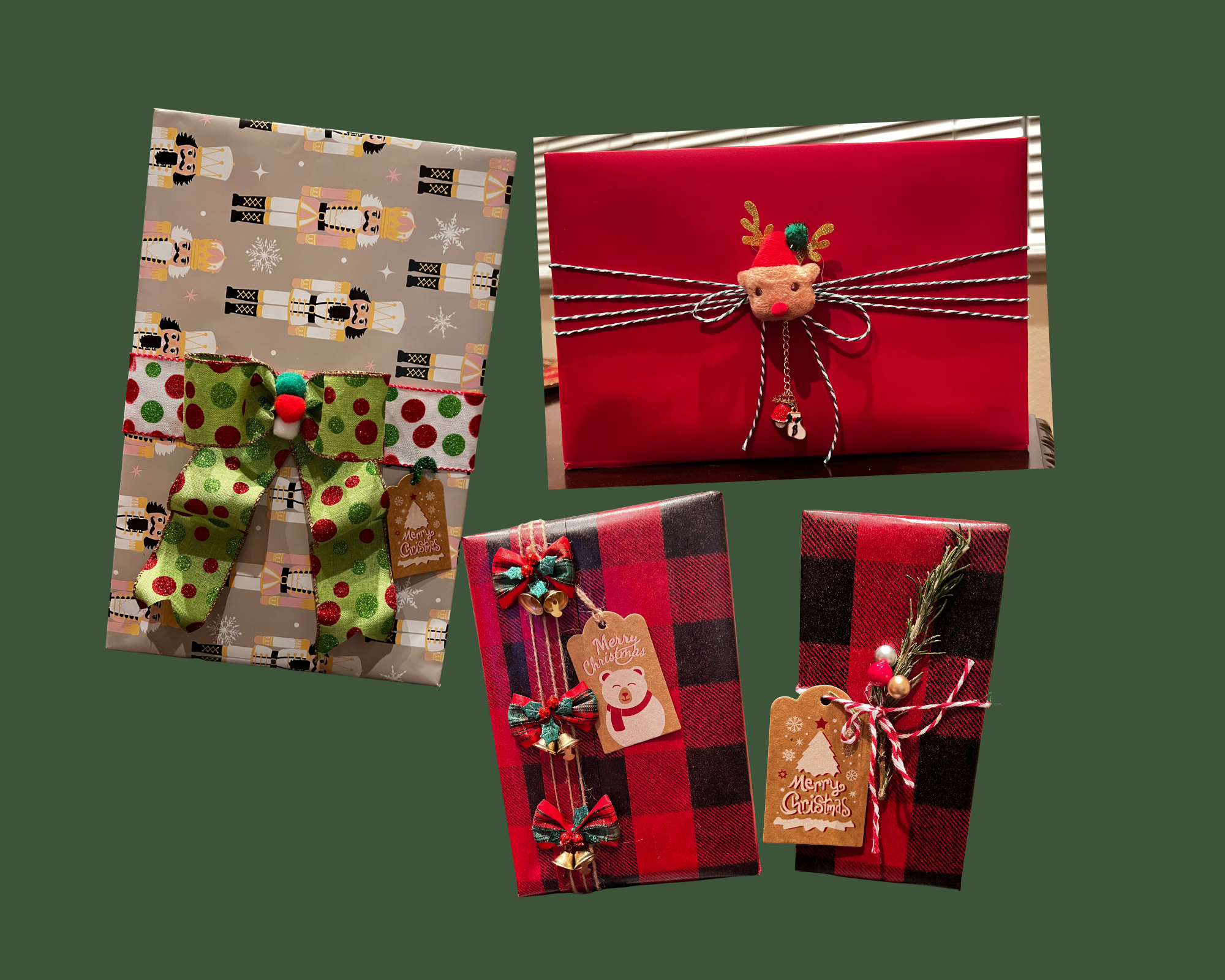 Four wrapped Christmas presents with festive decorations on a green background.