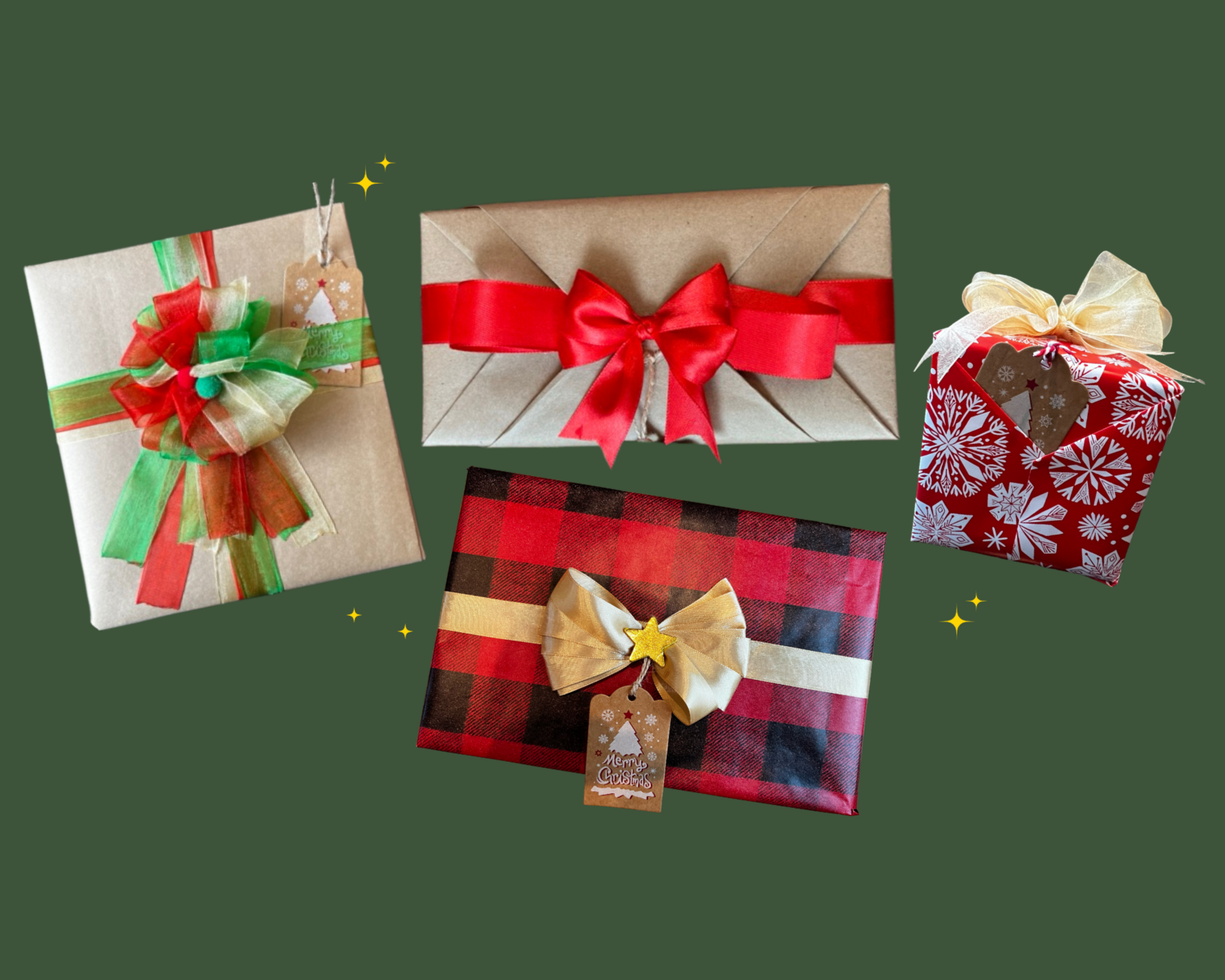 Four wrapped Christmas presents with festive decorations on a green background.