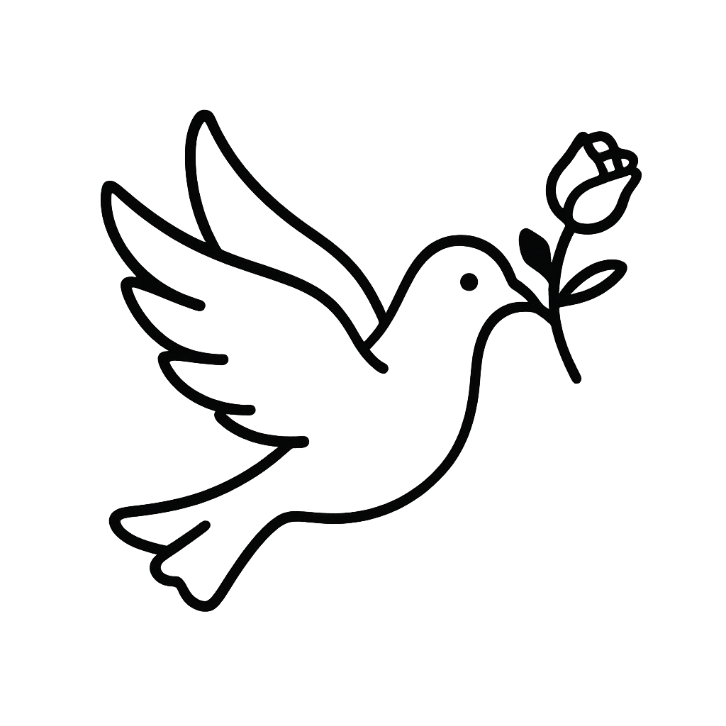 Outline drawing of a hummingbird holding a small flower in its beak.