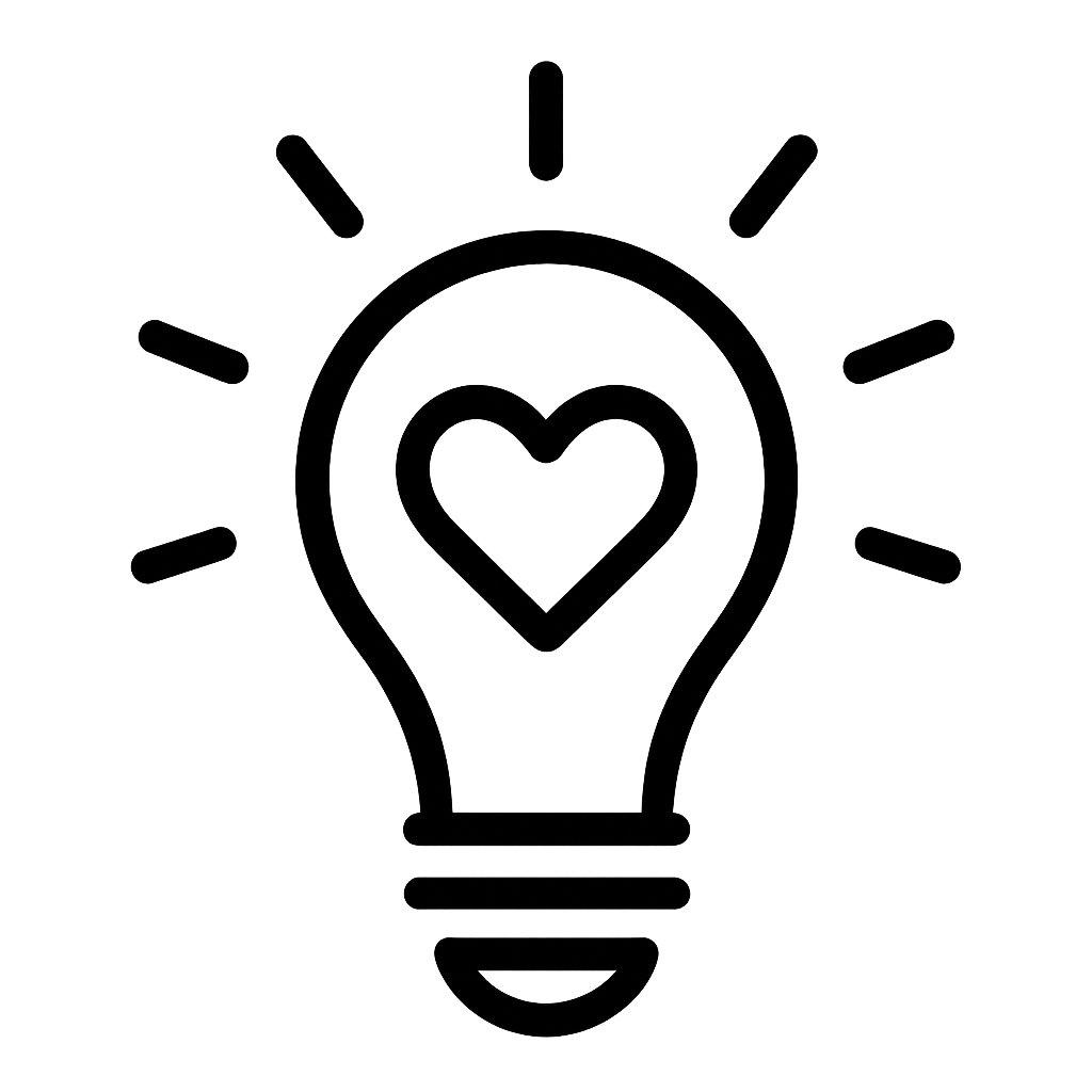Line drawing of a light bulb with a heart inside, radiating light rays.
