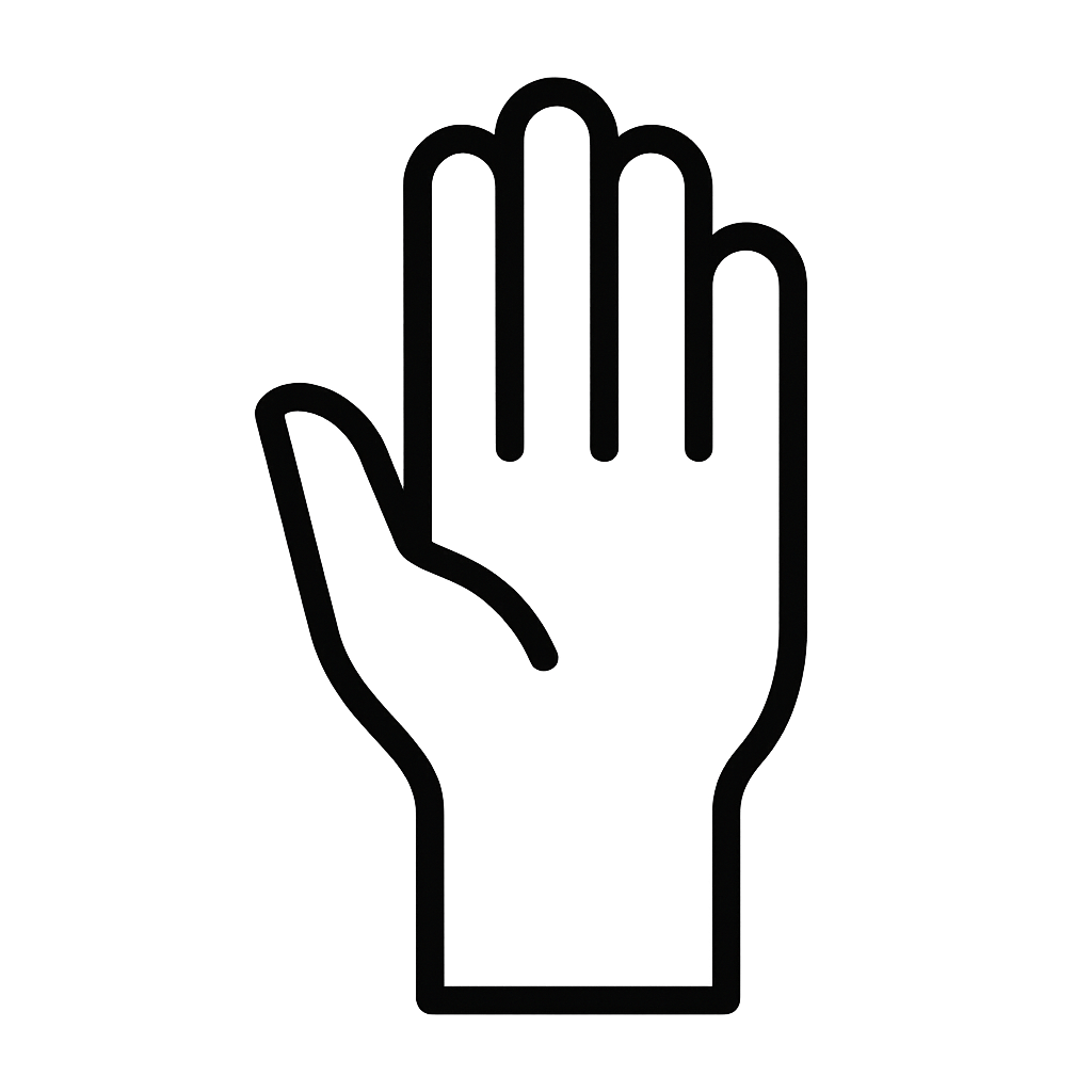 Outline of a raised hand symbol, commonly used as a sign of stop or attention, with a simple line design.