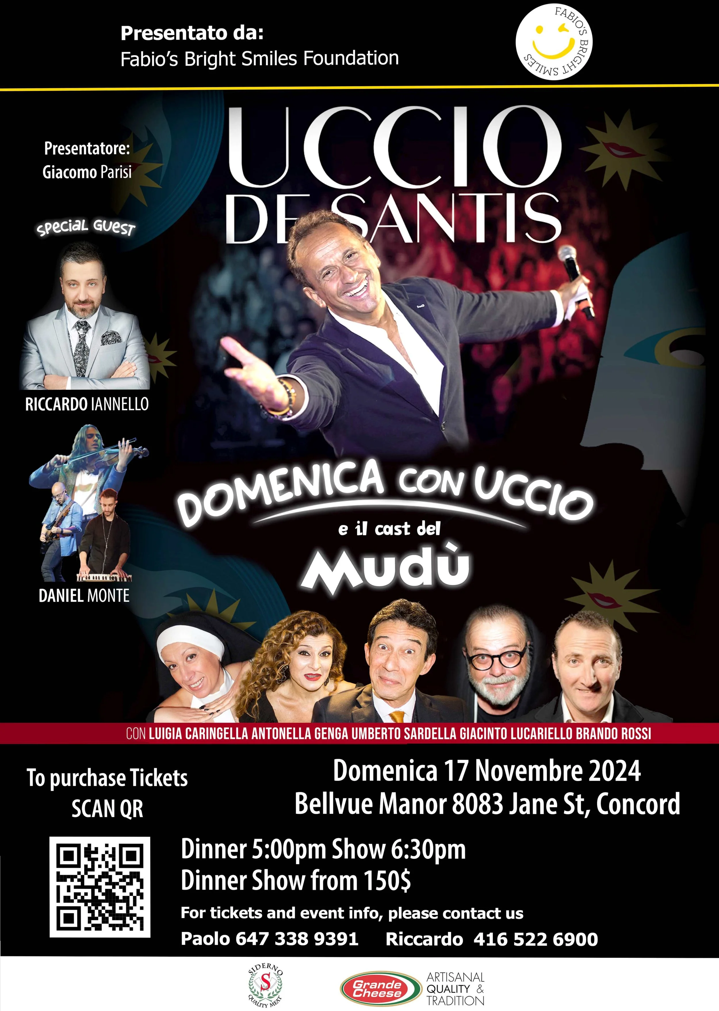 Poster advertising a performance by Uccio De Santis with guest Riccardo Iannello, Daniel Monte, and cast of Mudù, taking place on Sunday, November 17, 2024, at Bellvue Manor in Concord. The poster includes images of performers, event details, and ticket information.