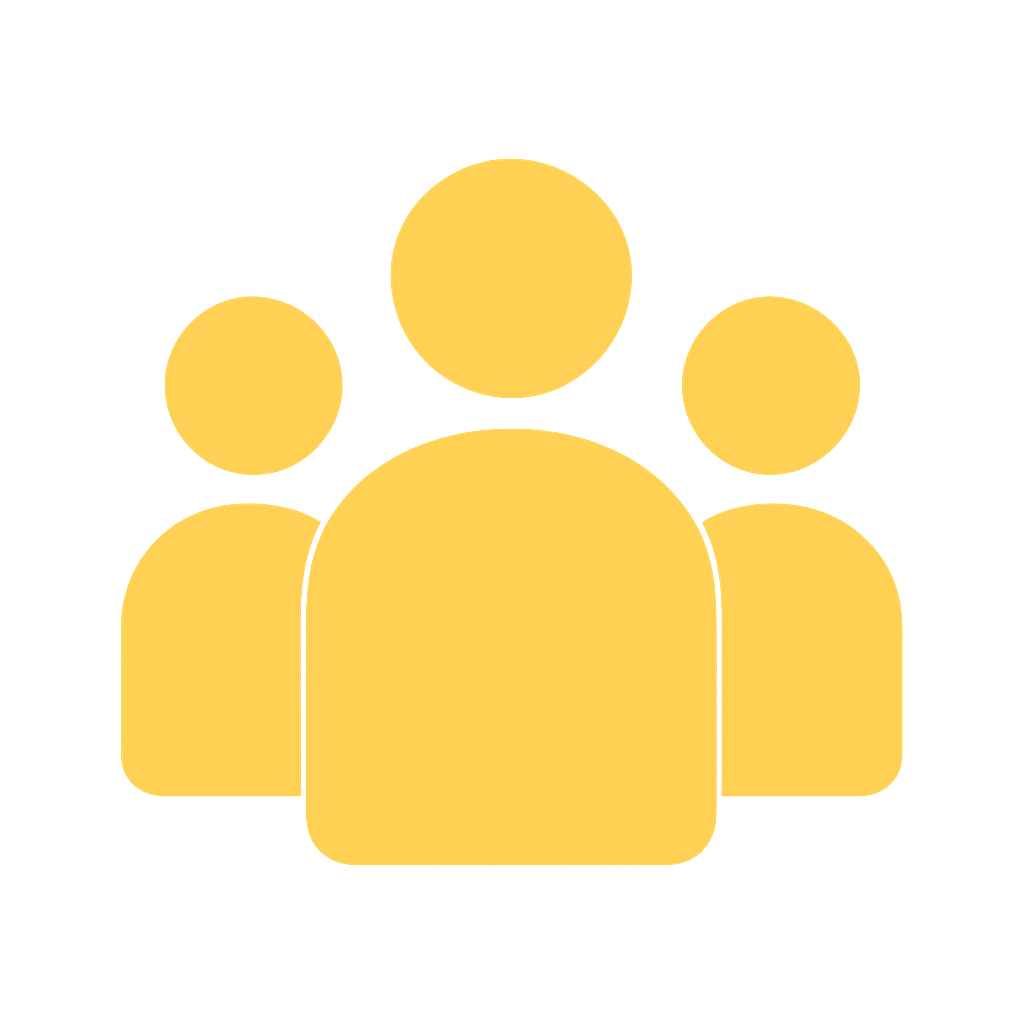 Icon of four yellow human figures representing a group or team against a black background.