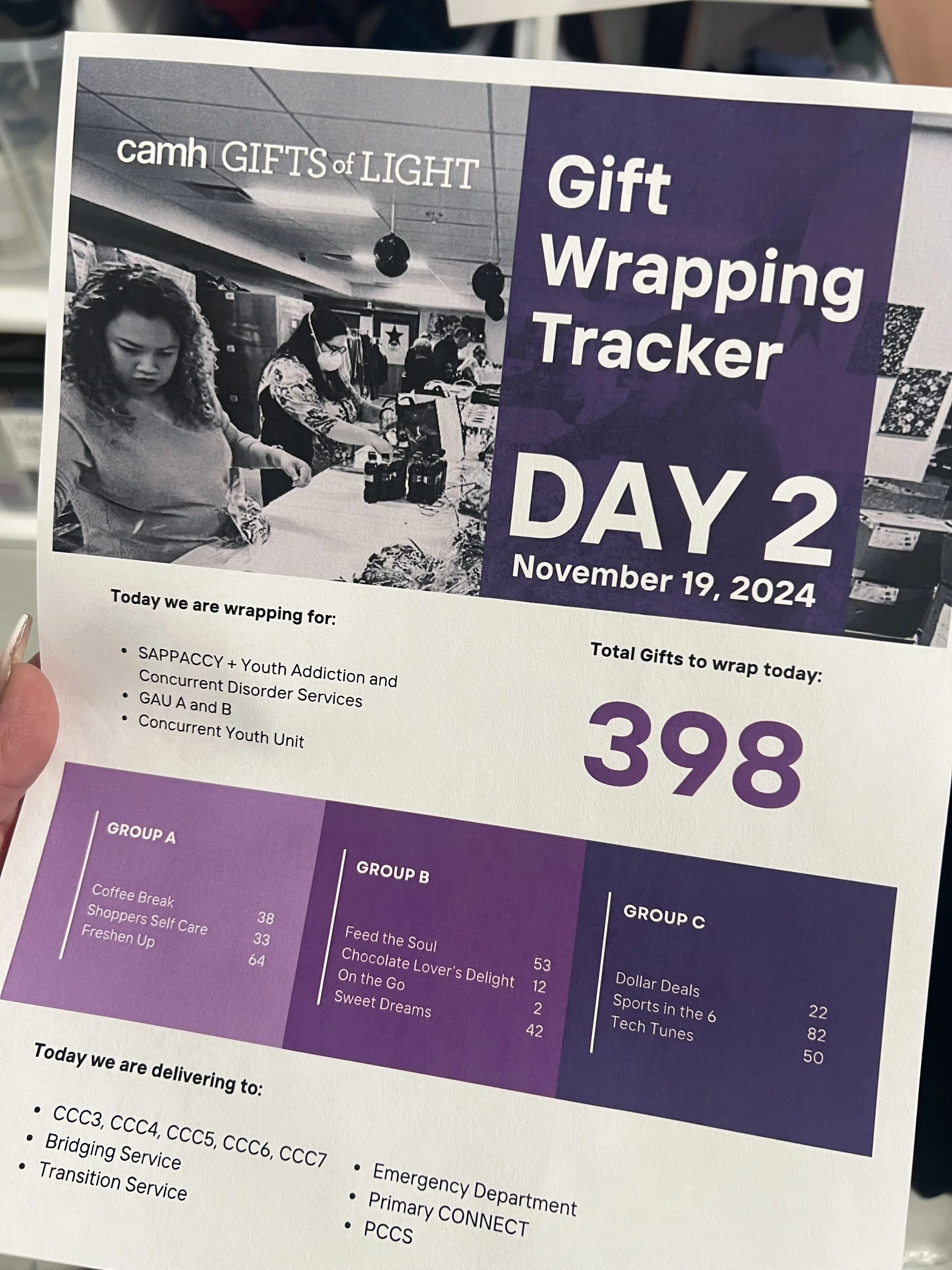A flyer for a gift wrapping event on November 19, 2024, showing a black and white photo of people wrapping presents, and details about the number of gifts wrapped and groups involved.
