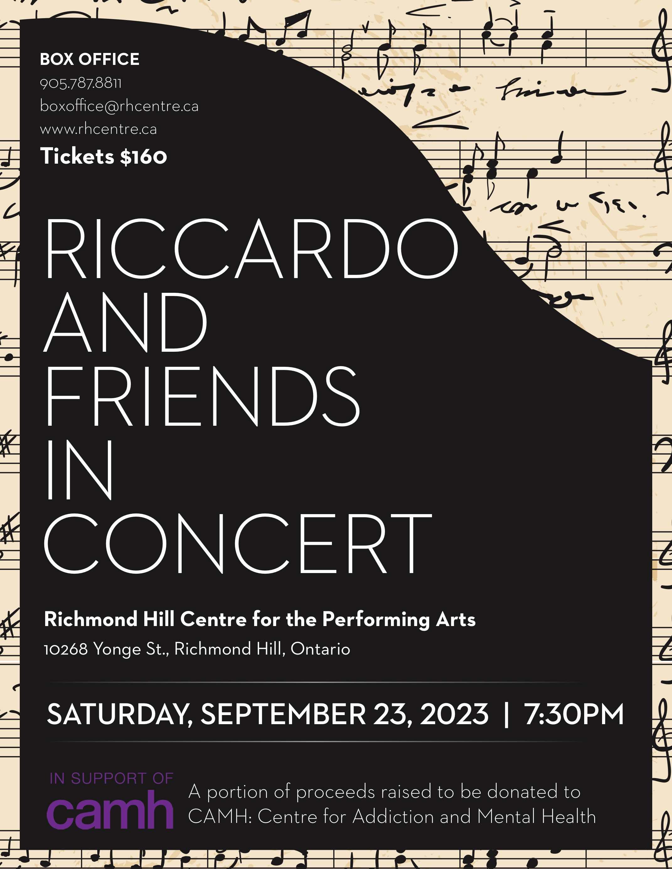 Concert ticket for Riccardo and Friends in Concert at Richmond Hill Centre, September 23, 2023, 7:30 PM, with musical notes background and donation info to CAMH.