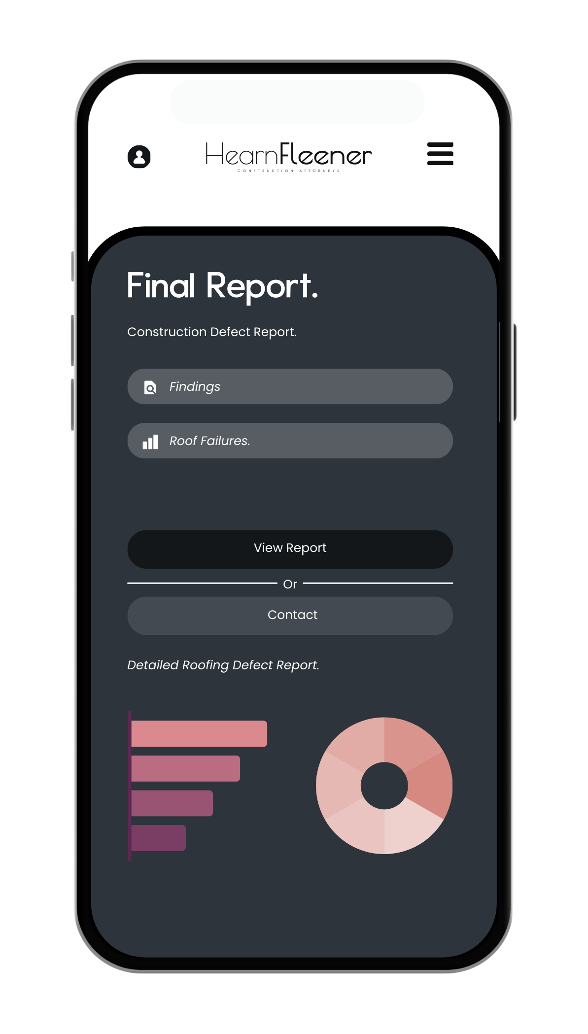 Mobile phone displaying a construction defect report with the title "Final Report," options for findings and roof failures, and graphical data including a bar chart and a donut chart.