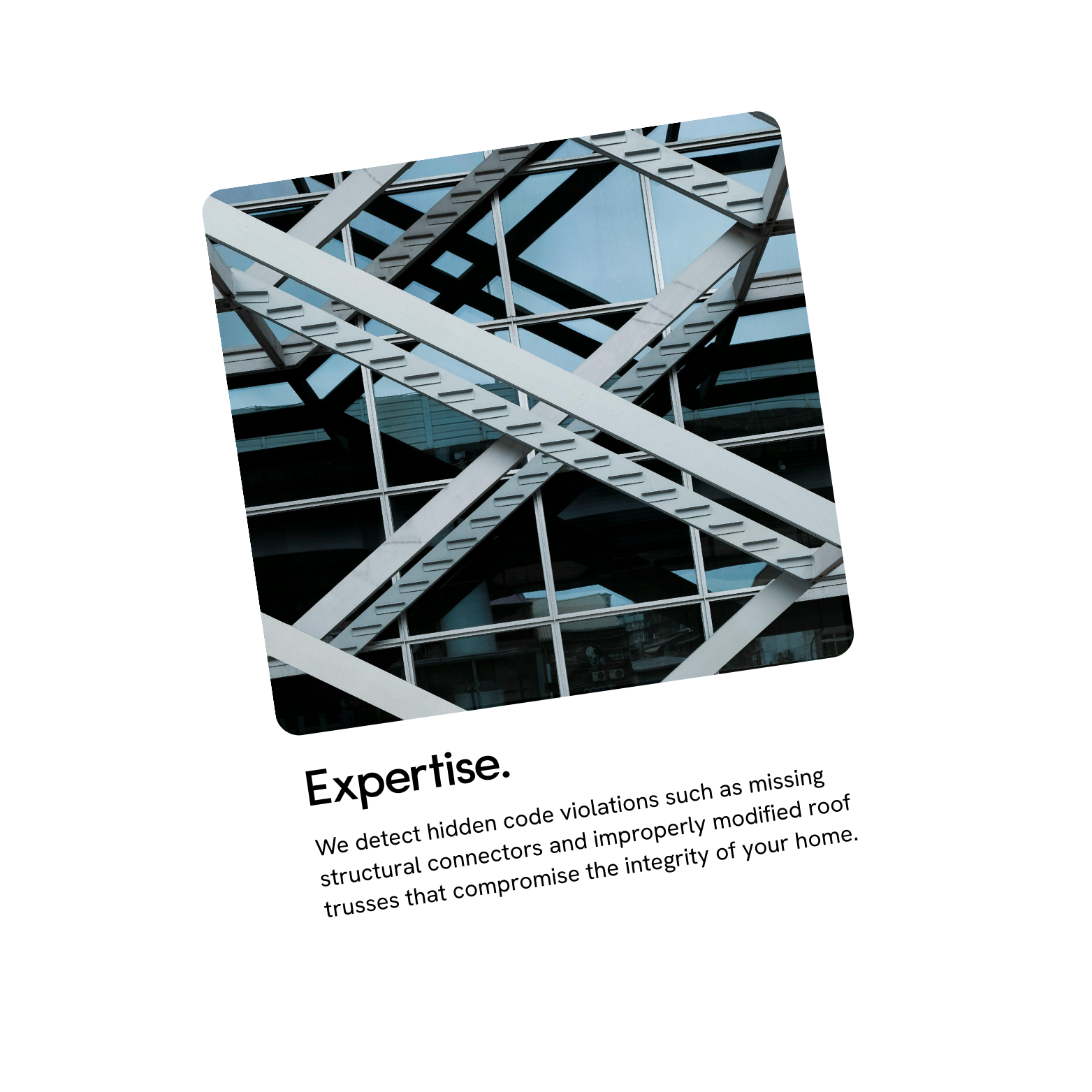 A card featuring an image of a modern building's exterior with crossing steel beams and glass windows, accompanied by the text 'Expertise' and a description about detecting hidden structural code violations.