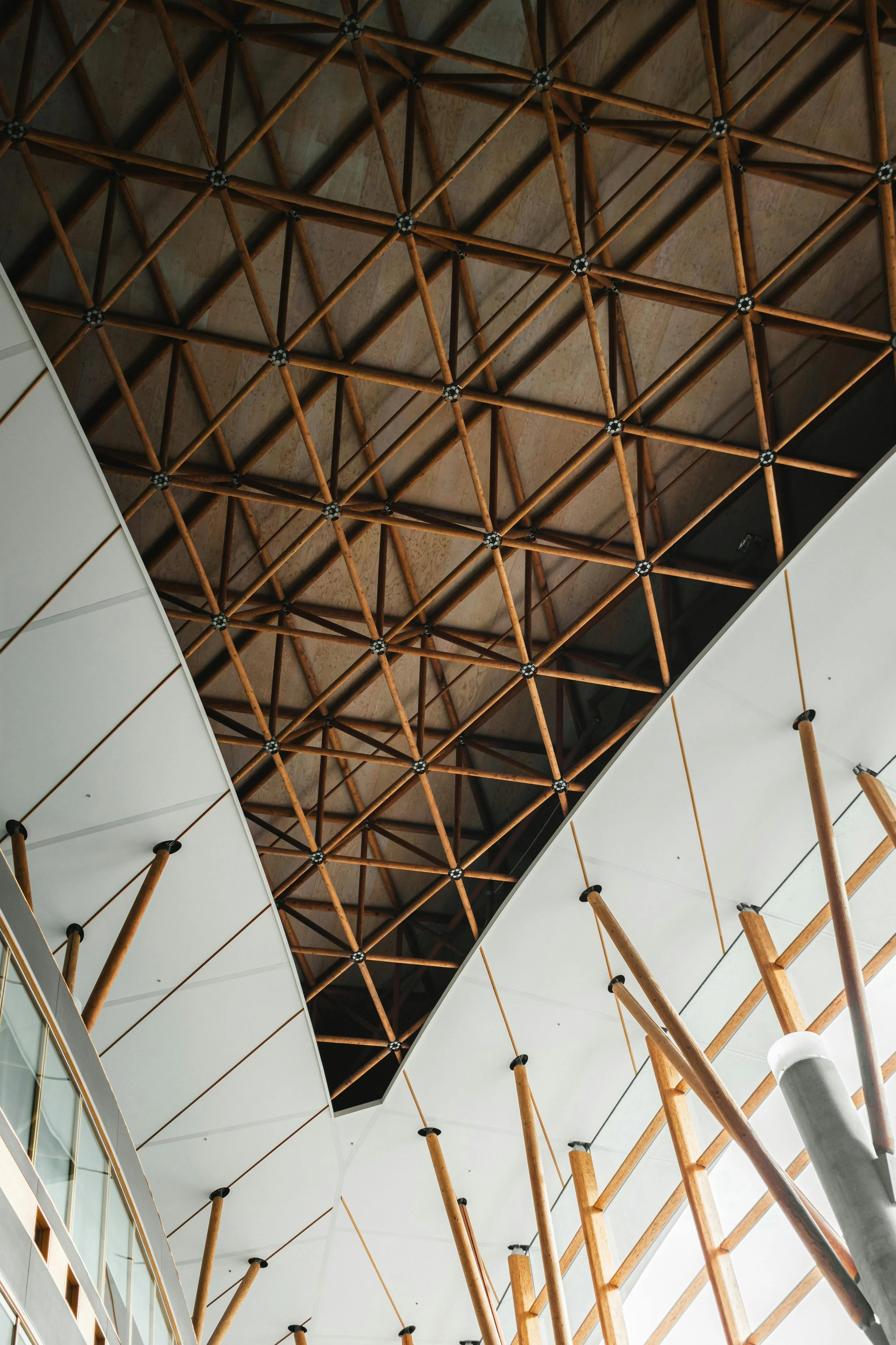 Interior view of a modern building with wooden and white structural elements, featuring a geometric wooden lattice ceiling.