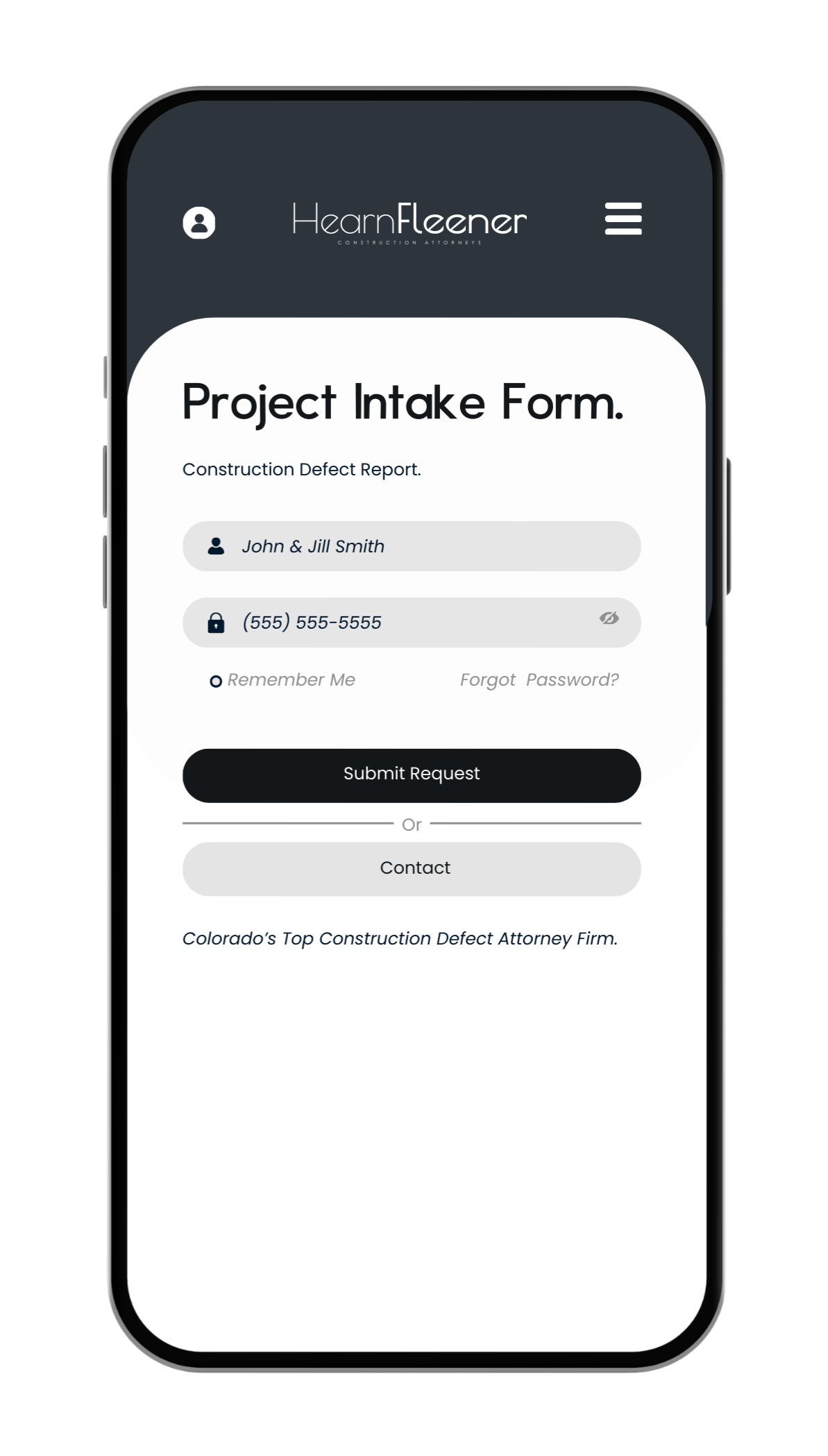 Mobile screen displaying a construction defect report form from HearneFleener, a Colorado construction law firm, titled 'Project Intake Form,' with fields for client names, phone number, and options to submit a request or contact.