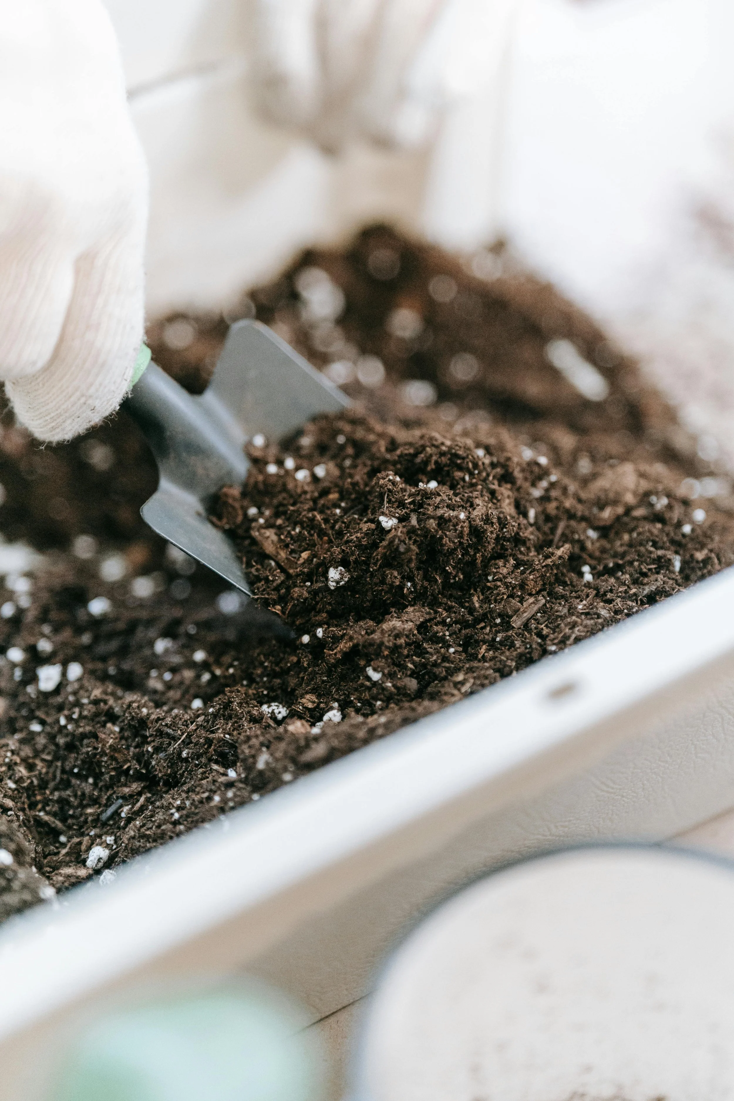 Person wearing gloves planting soil in a container with a small gardening trowel.