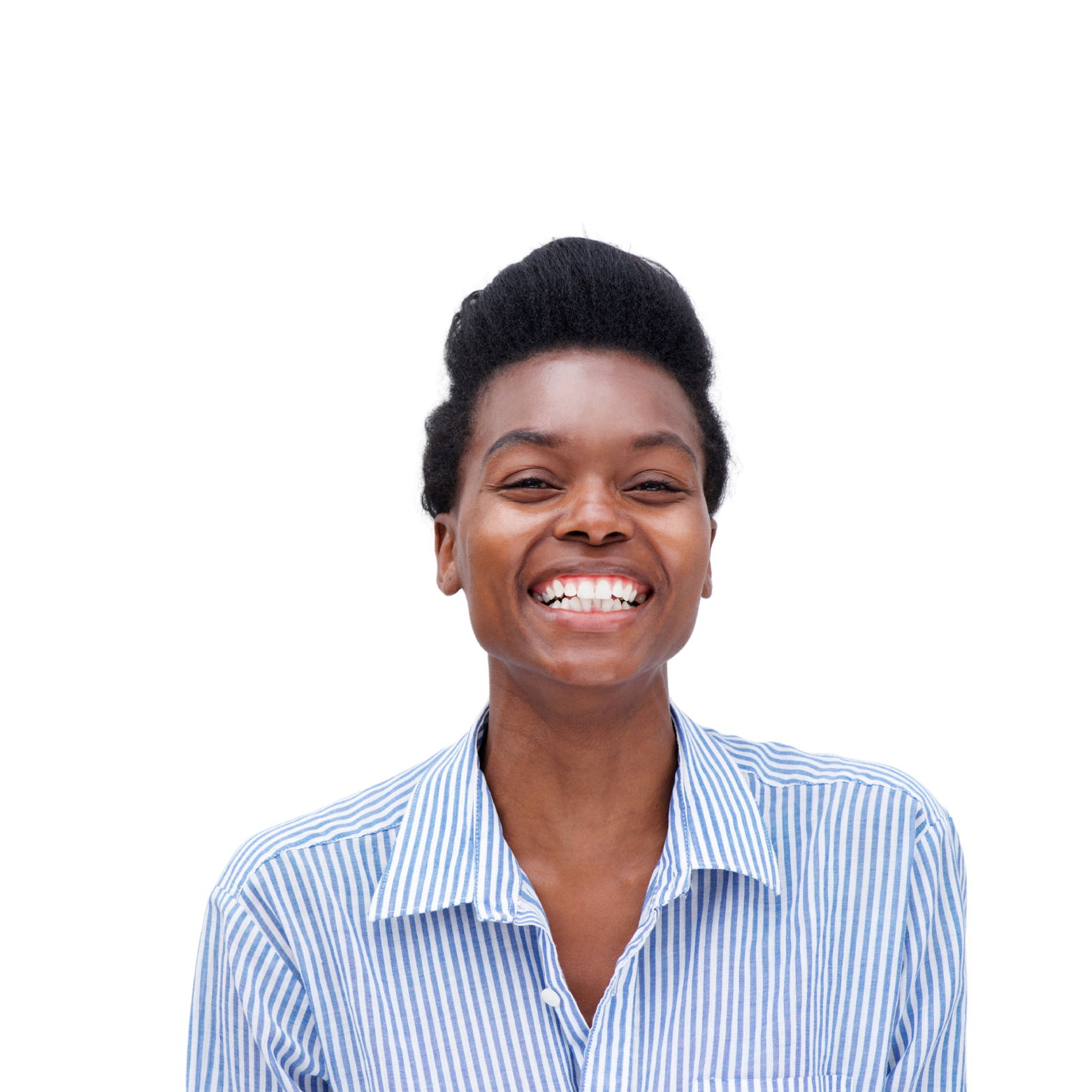 A smiling woman with short black hair wearing a blue and white striped shirt