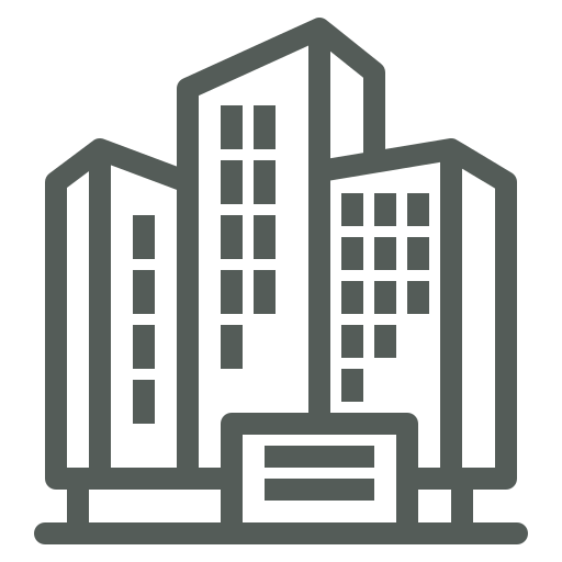 Outline drawing of a multi-story office building with a central entrance