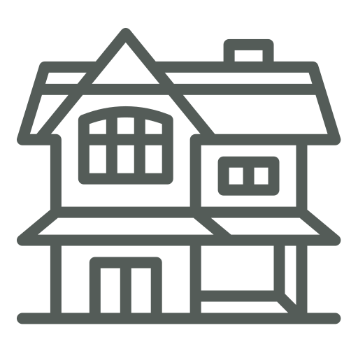 Outline of a two-story house with a front porch, multiple windows, and a gabled roof.