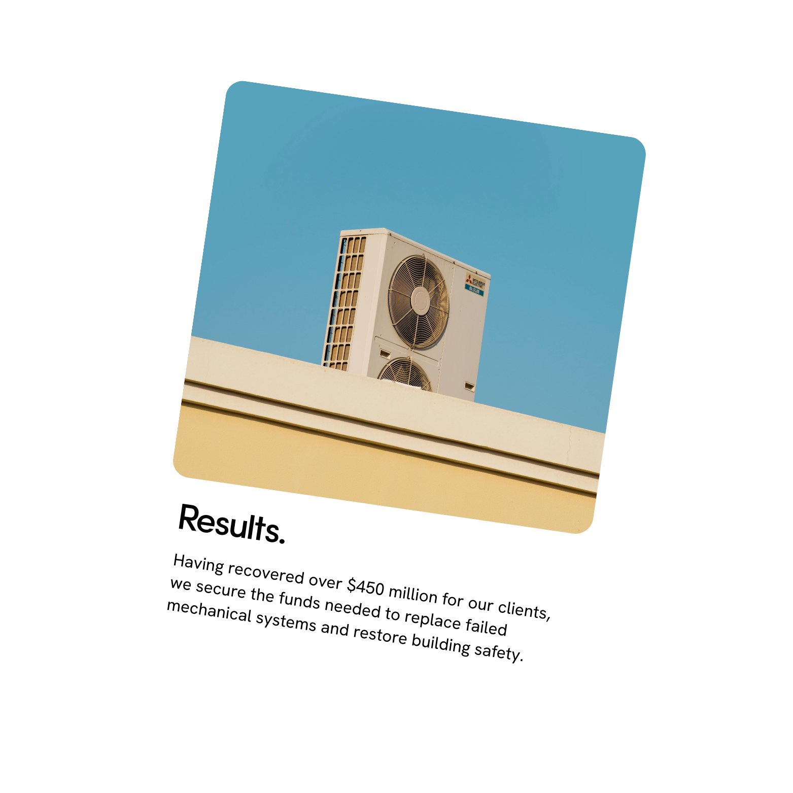 A white air conditioning unit on the rooftop against a blue sky, accompanying text about financial recovery and building safety.