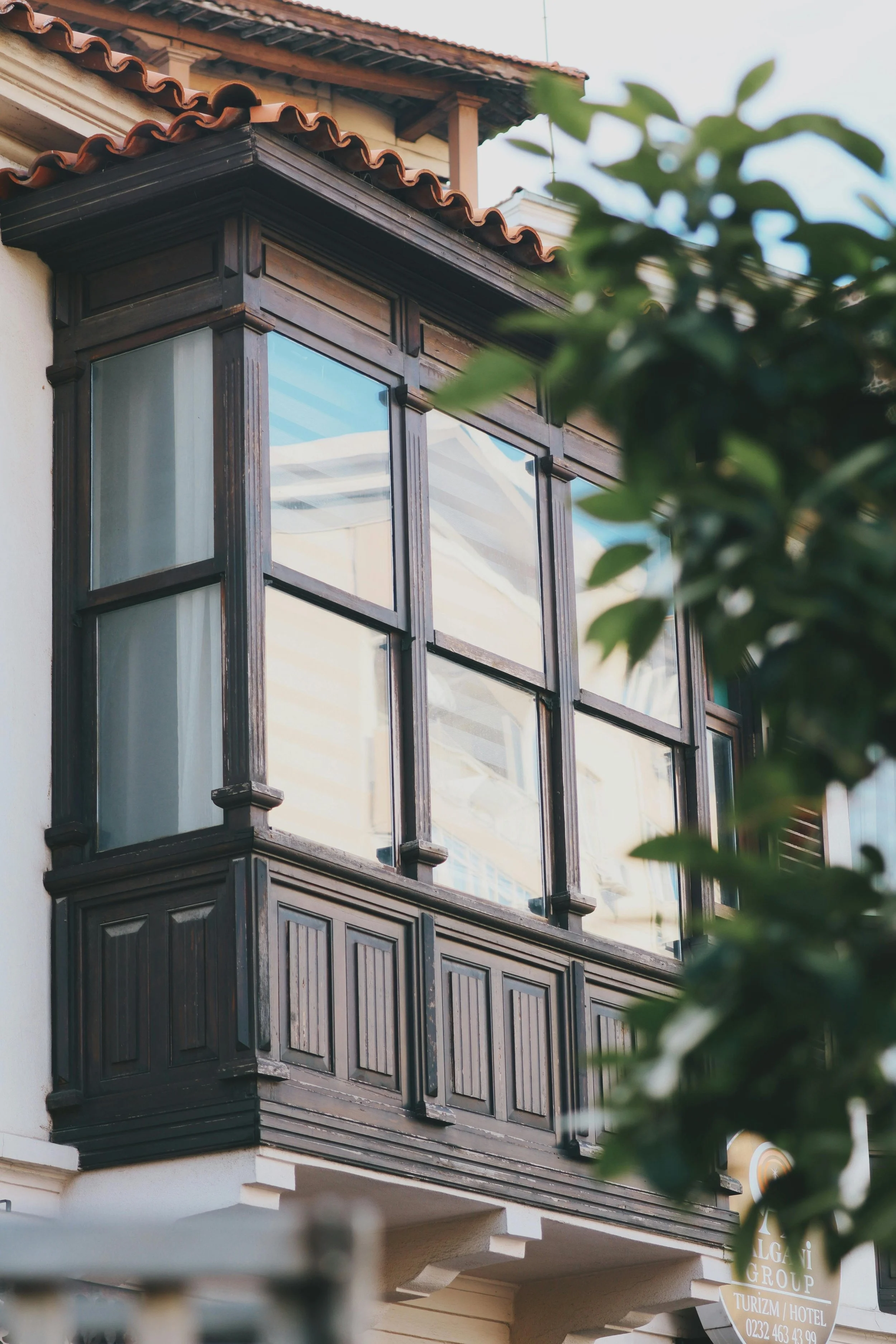 Close-up of a building's bay window with dark wood framing and glass panes, partly obscured by green tree leaves in the foreground.