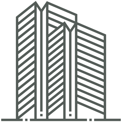 Outline drawing of three tall office buildings with striped windows