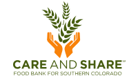 Logo for Feed and Share Food Bank for Southern Colorado, featuring two orange hands holding green leaves or sprouts.