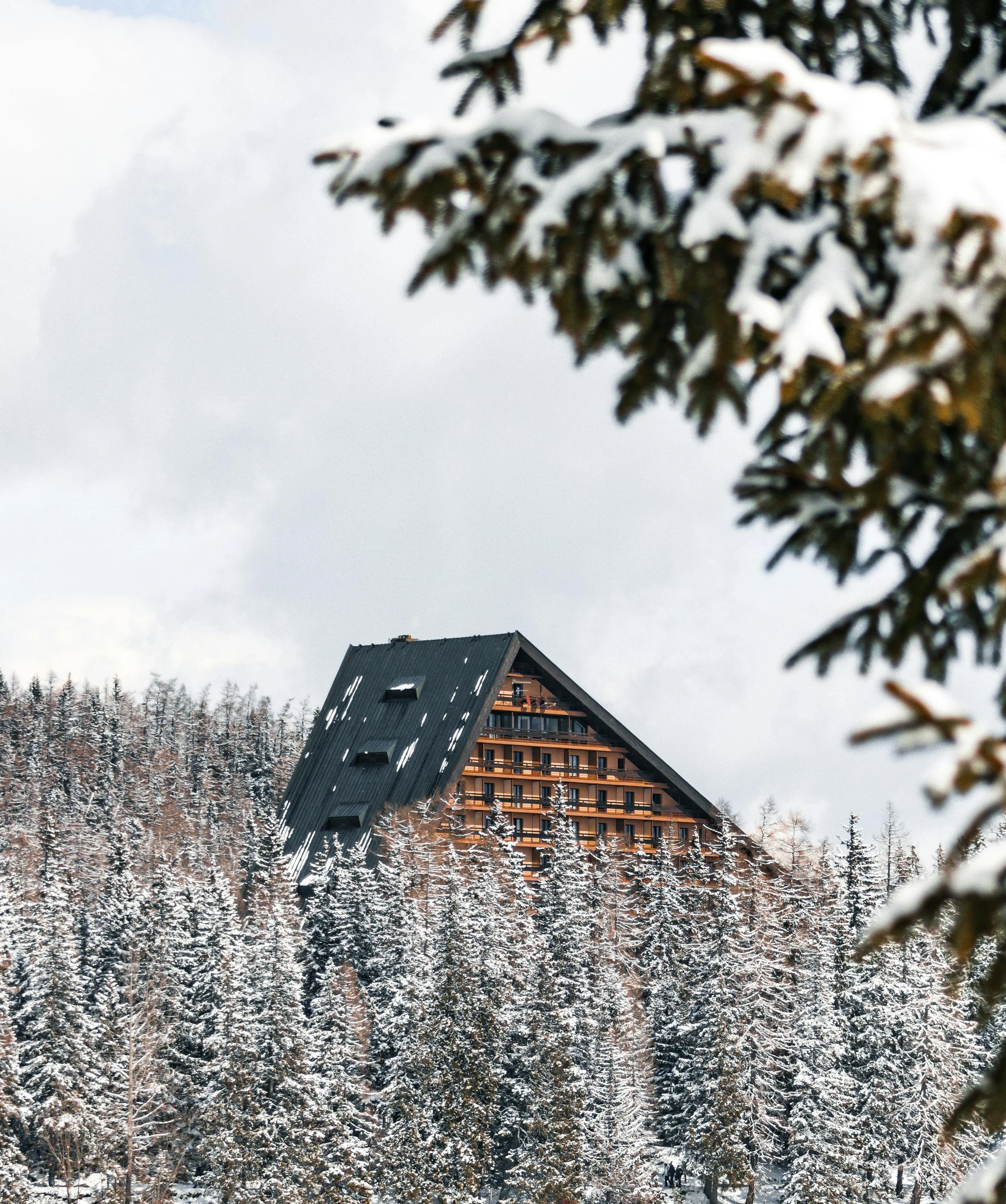 A large black A-shaped building with balconies sits atop a snow-covered forest of tall pine trees, with snow on the branches and a cloudy sky in the background.