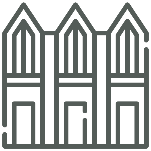 Line drawing of a picket fence with four pointed pickets and three horizontal rails
