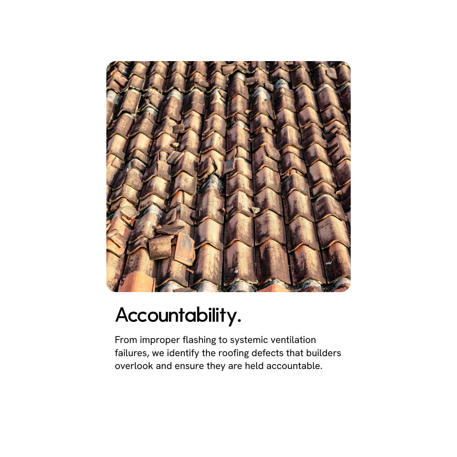 Close-up of a weathered roof with clay tiles showing discoloration and damage.
