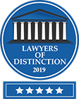 Badge with blue background, white border, featuring classical temple columns and text 'Lawyers of Distinction 2019' and five stars at the bottom.