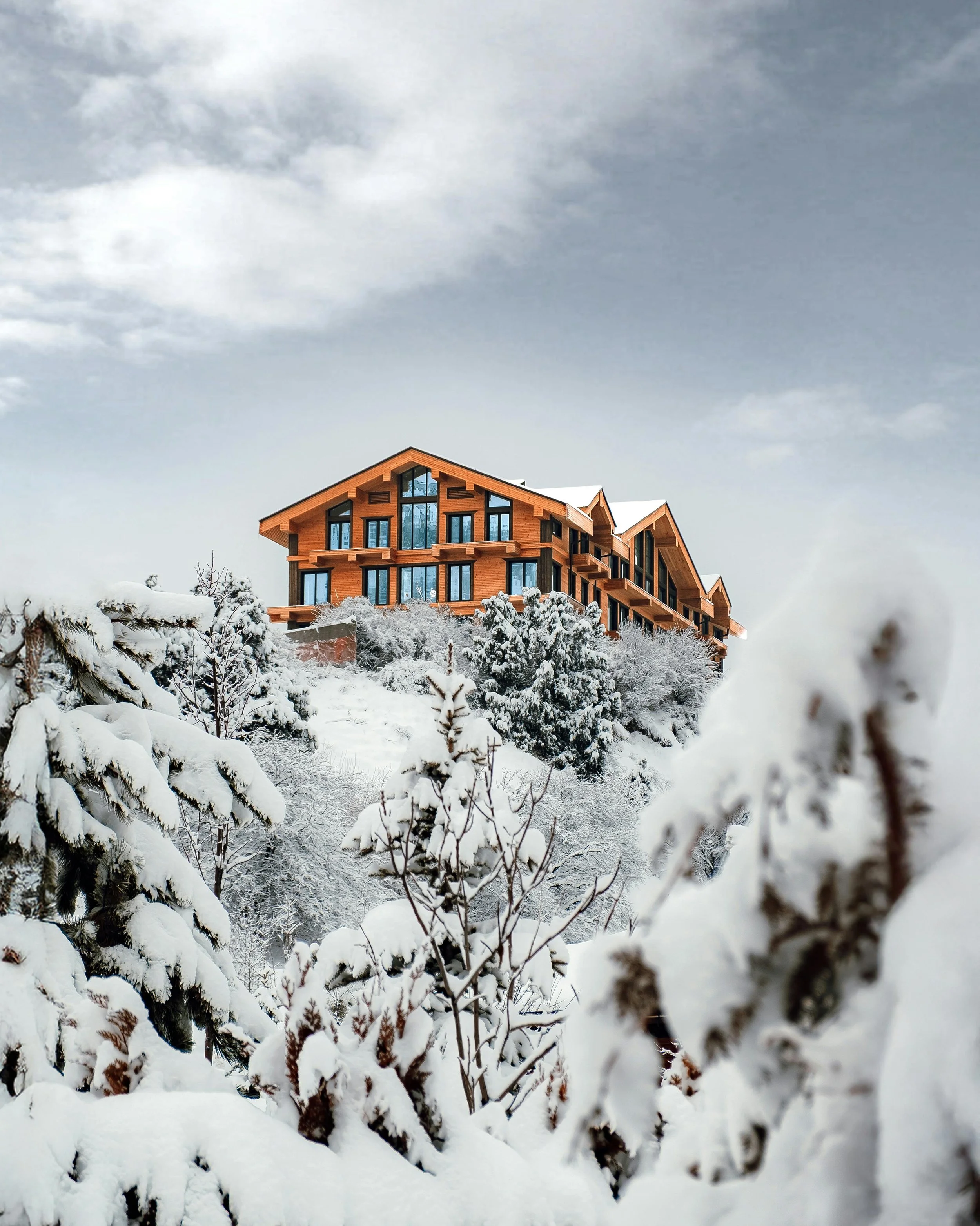 A large wooden house on a snowy hillside surrounded by snow-covered trees and bushes under a cloudy sky.