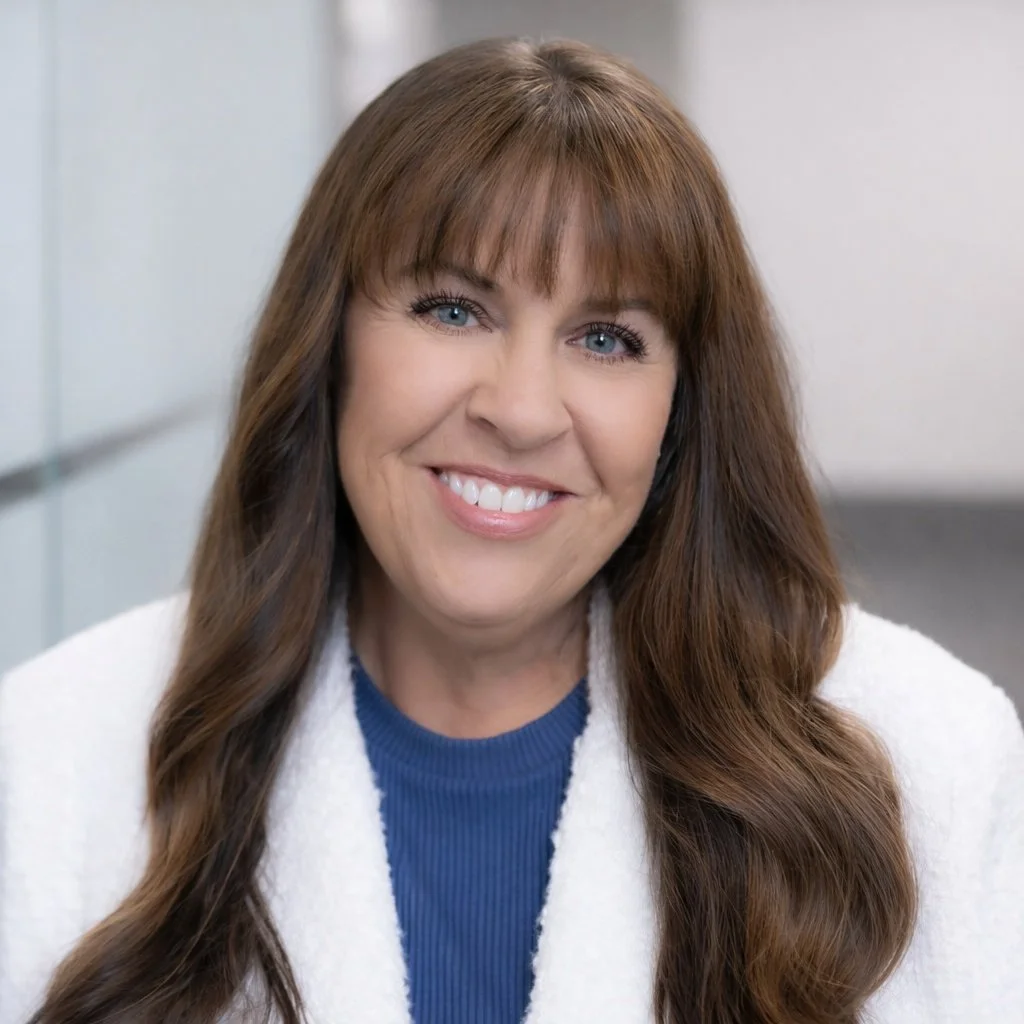 A woman with long brown hair and blue eyes smiling at the camera, wearing a white top and blue shirt, with a neutral background.