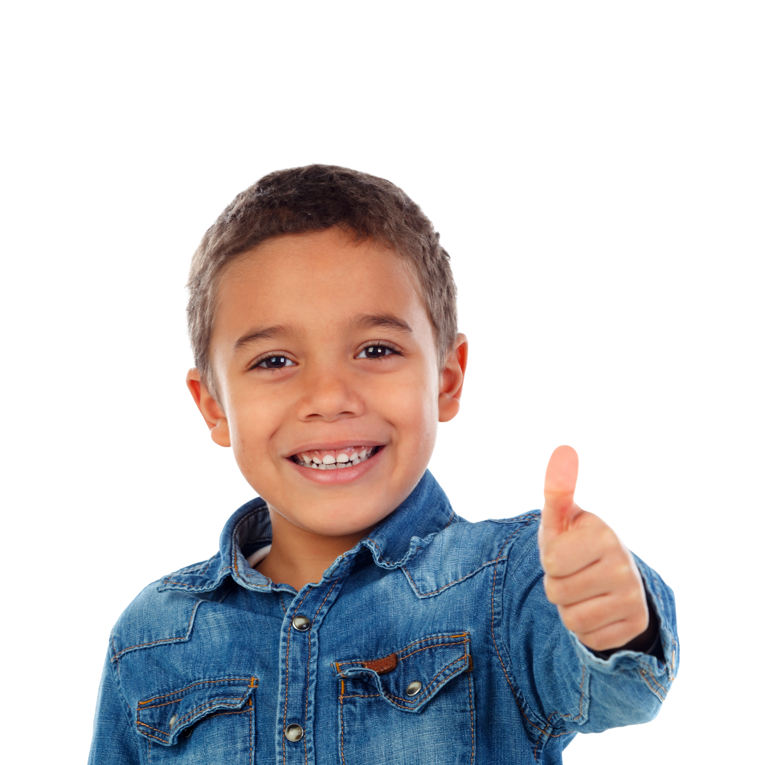 Young boy smiling and giving a thumbs-up gesture, wearing a denim jacket.