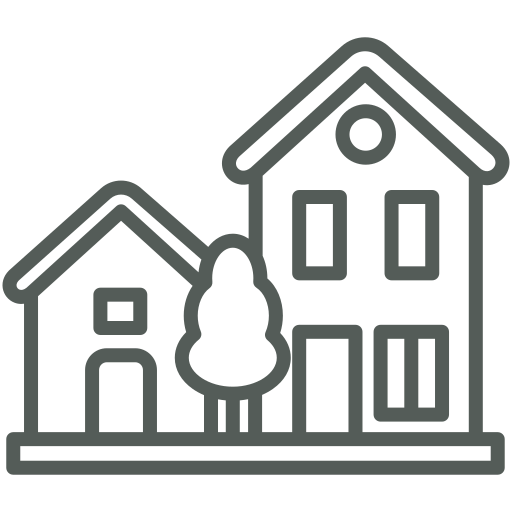 Outline drawing of two houses and a tree.