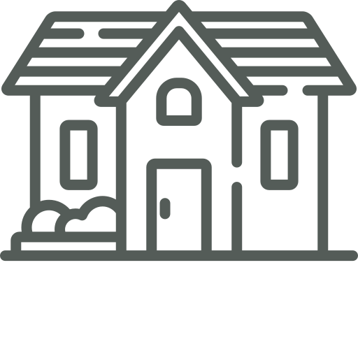 Outline drawing of a house with a front porch, pitched roof, and two windows.