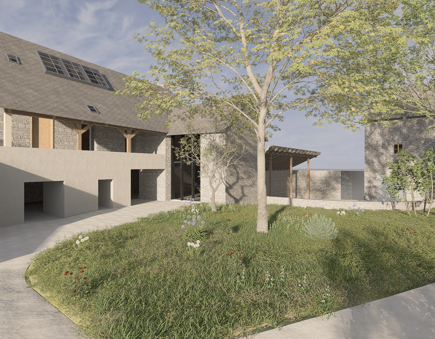 Vue d'un espace extérieur avec un bâtiment en pierre et béton, entouré d'arbres et d'une pelouse avec des fleurs, sous un ciel partiellement nuageux.