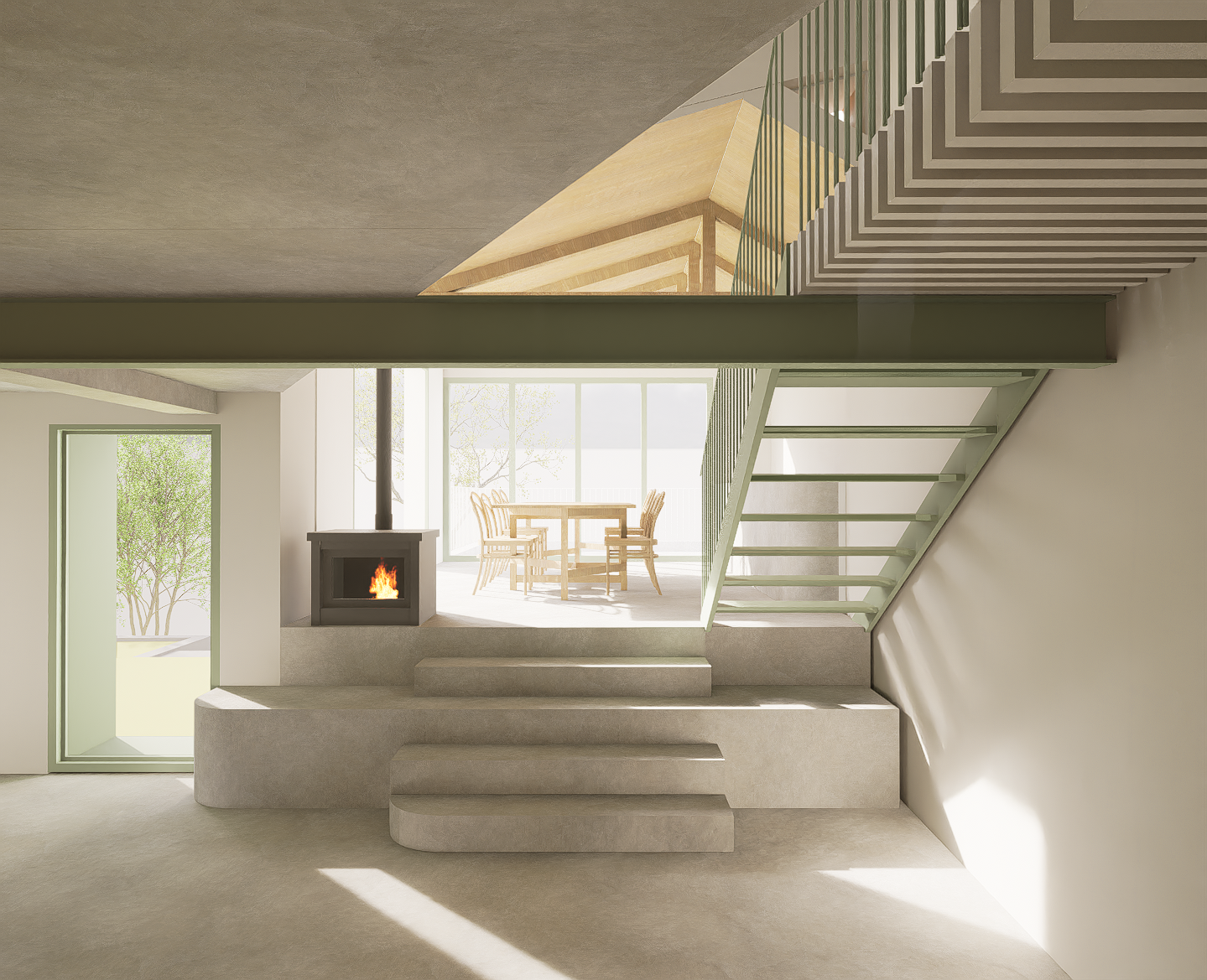 Intérieur moderne avec escalier en béton, cheminée électrique, grande baie vitrée laissant entrer beaucoup de lumière naturelle, mobilier en bois clair, espace ouvert avec vue sur l'extérieur