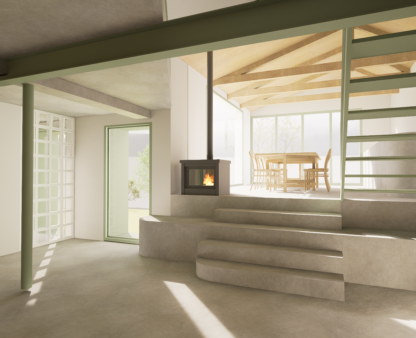 Intérieur moderne avec escaliers, cheminée à bois et espace repas lumineux.