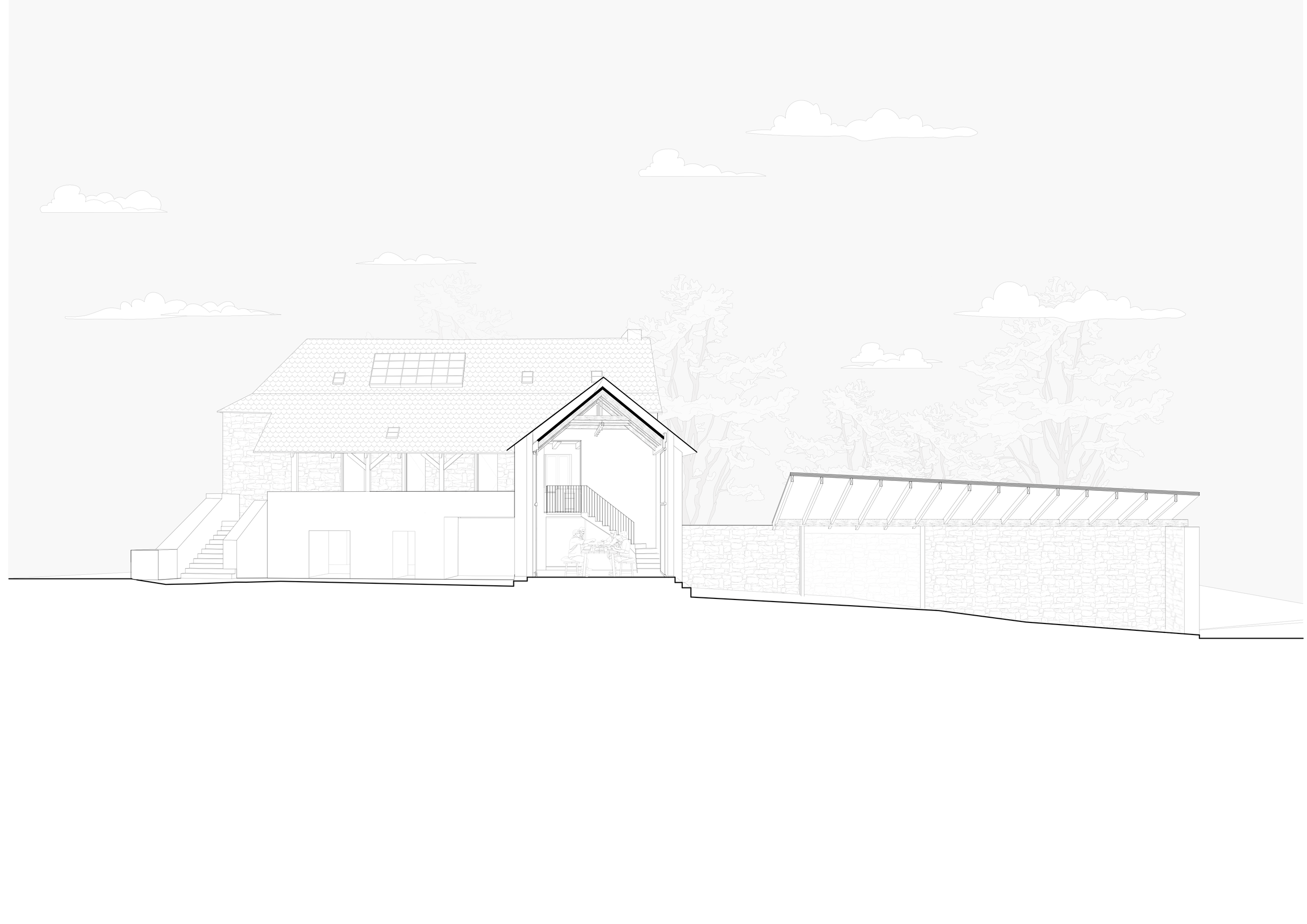 Croquis architectural d'une maison avec un toit en pente, une fenêtre solaire, un escalier en bois menant à une entrée, et une structure attenante en pierre et en verre, avec des arbres en arrière-plan.
