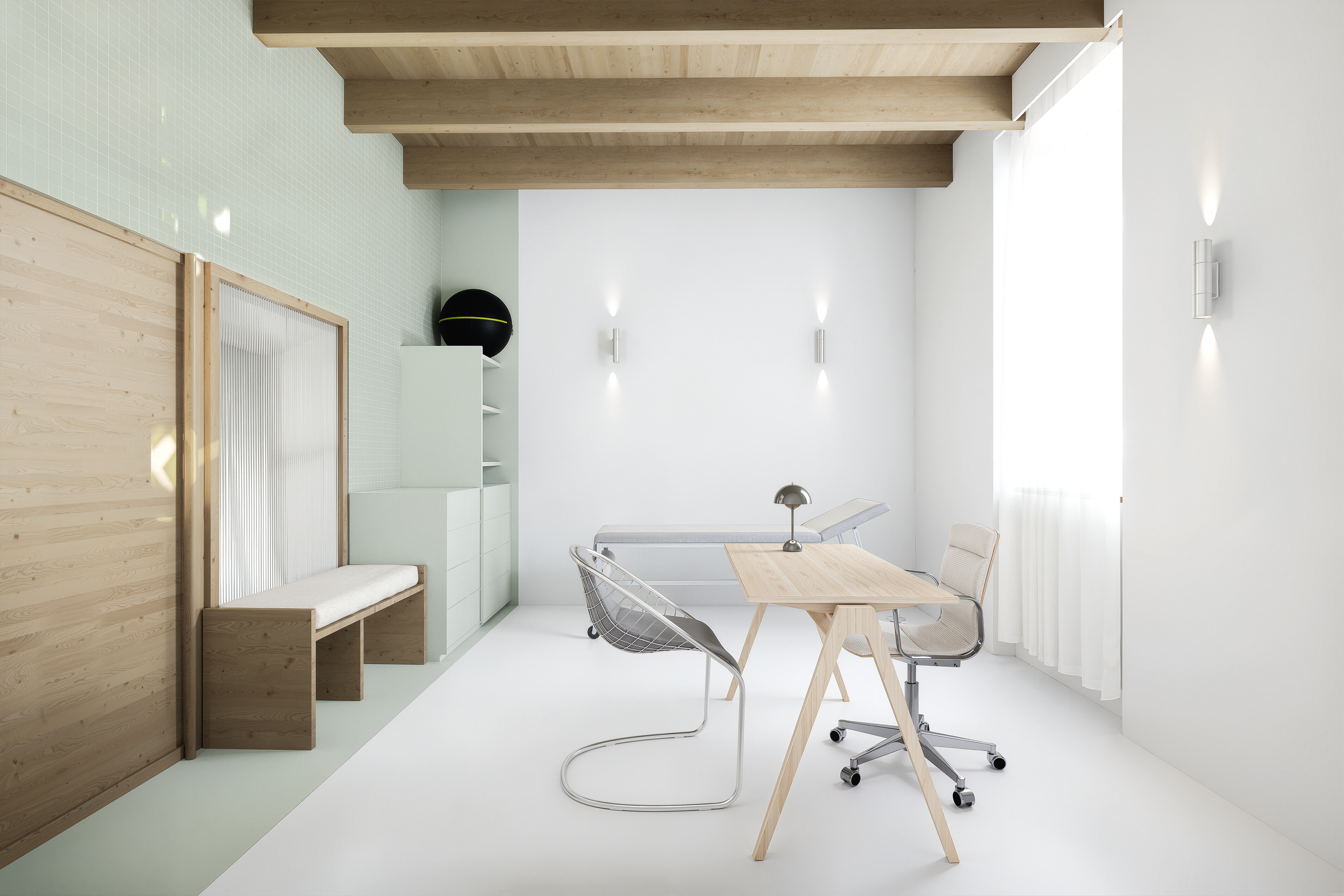 Salle de consultation ou de traitement médical avec mobilier en bois clair, murs blancs, éclairage moderne et grand fenêtre avec rideau blanc.