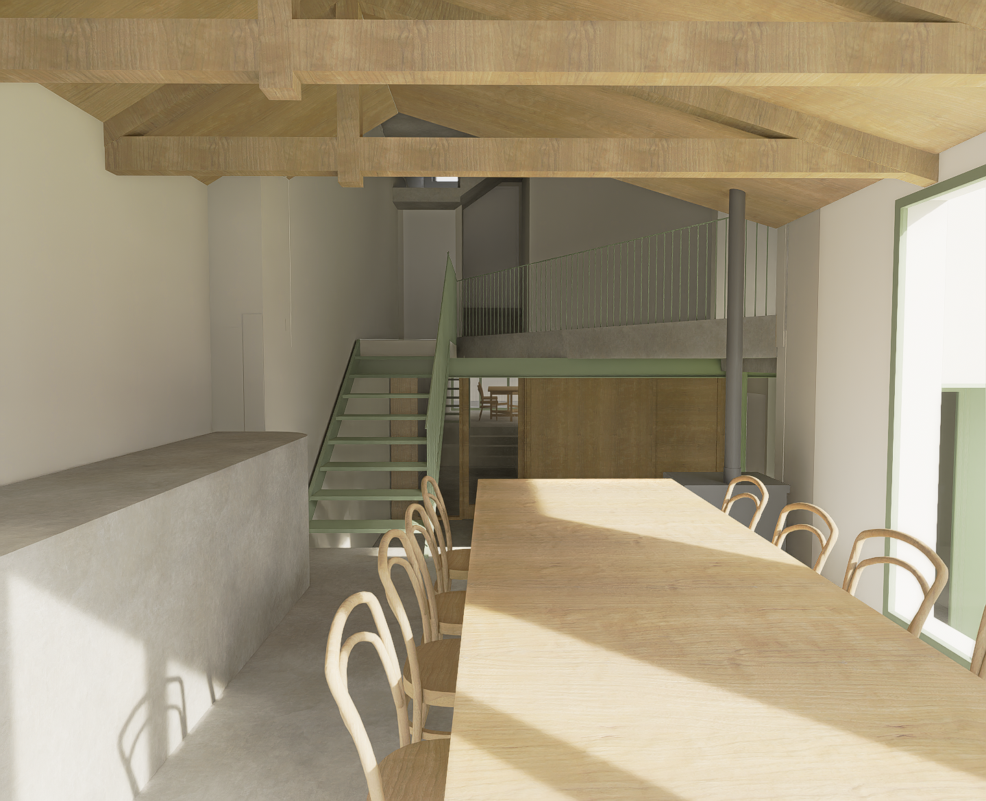 Intérieur moderne avec une grande table en bois et des chaises en bois, un escalier en bois vert et une cheminée en pierre, éclairage naturel par une grande fenêtre.